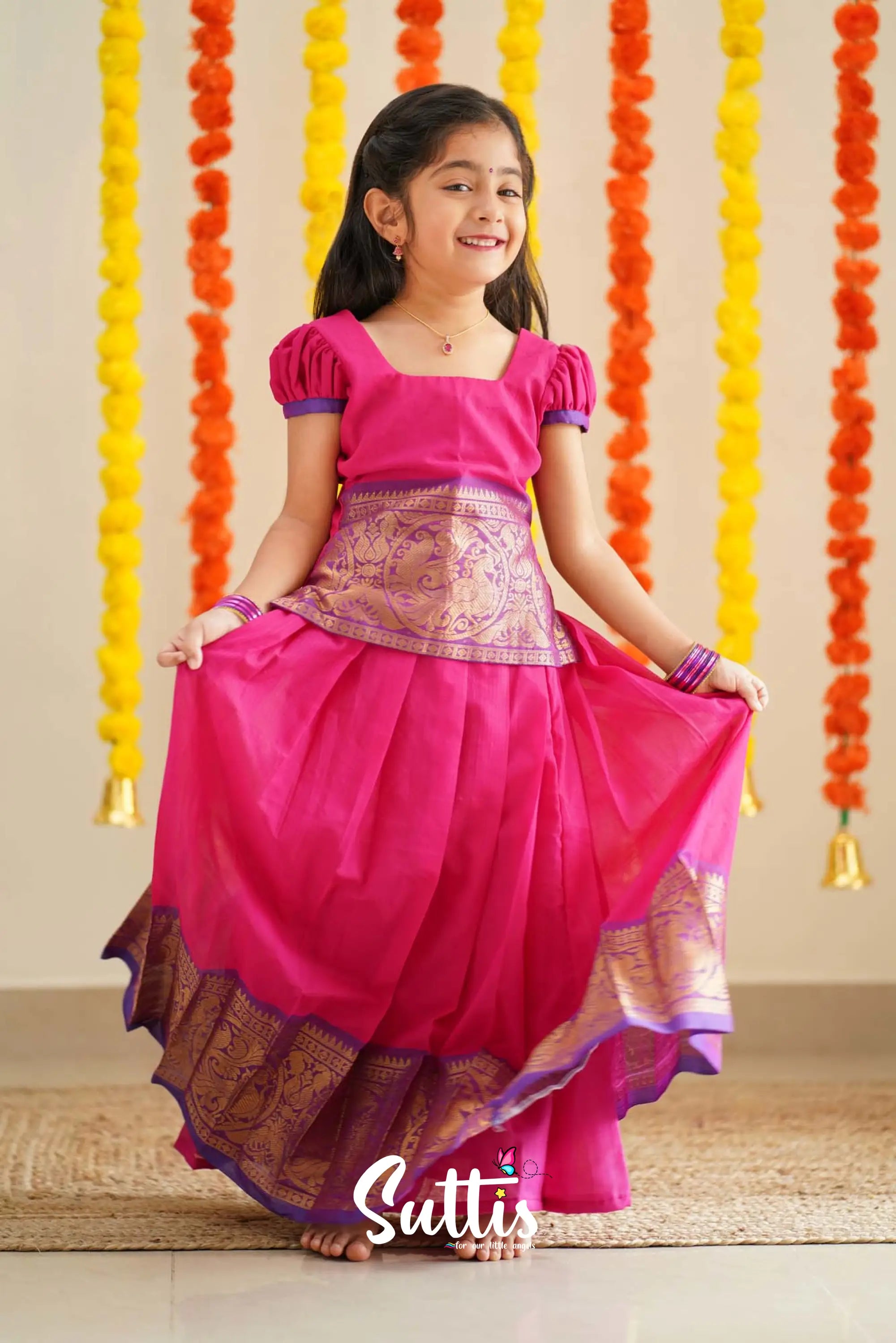 Padmaja - Pink And Purple Handloom Cotton Pavadai Sattai Kids-Suttis