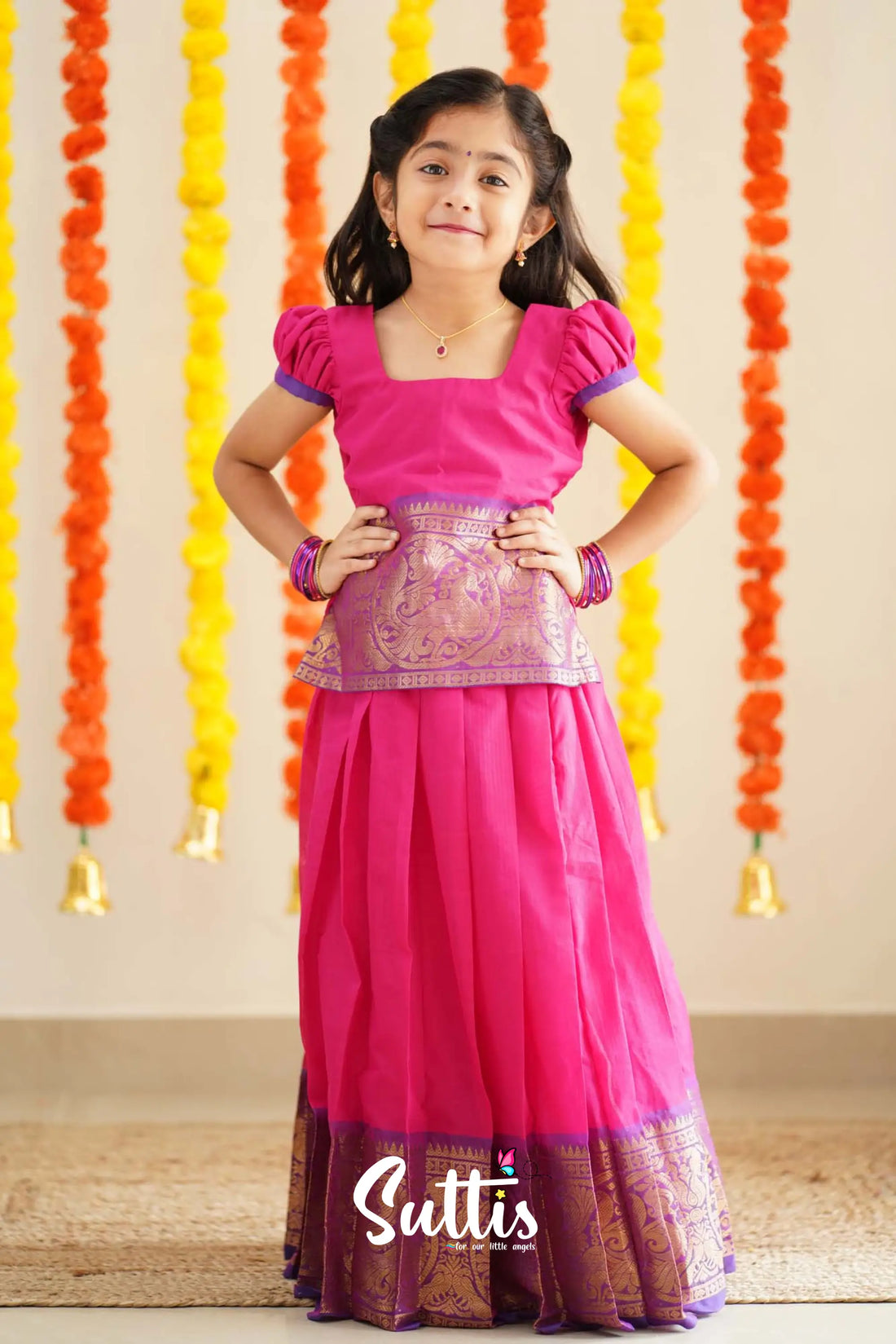 Padmaja - Pink And Purple Handloom Cotton Pavadai Sattai Kids-Suttis