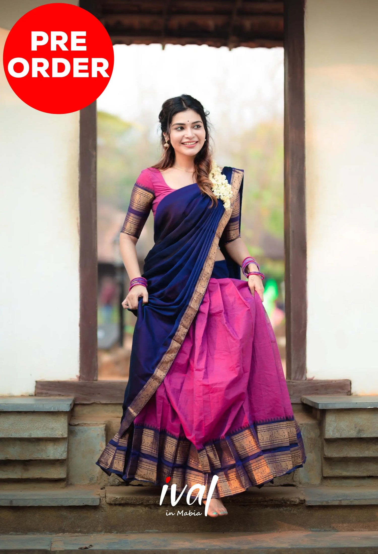 Padmaja - Pinkish Magenta And Navy Blue Cotton Halfsaree Half Sarees