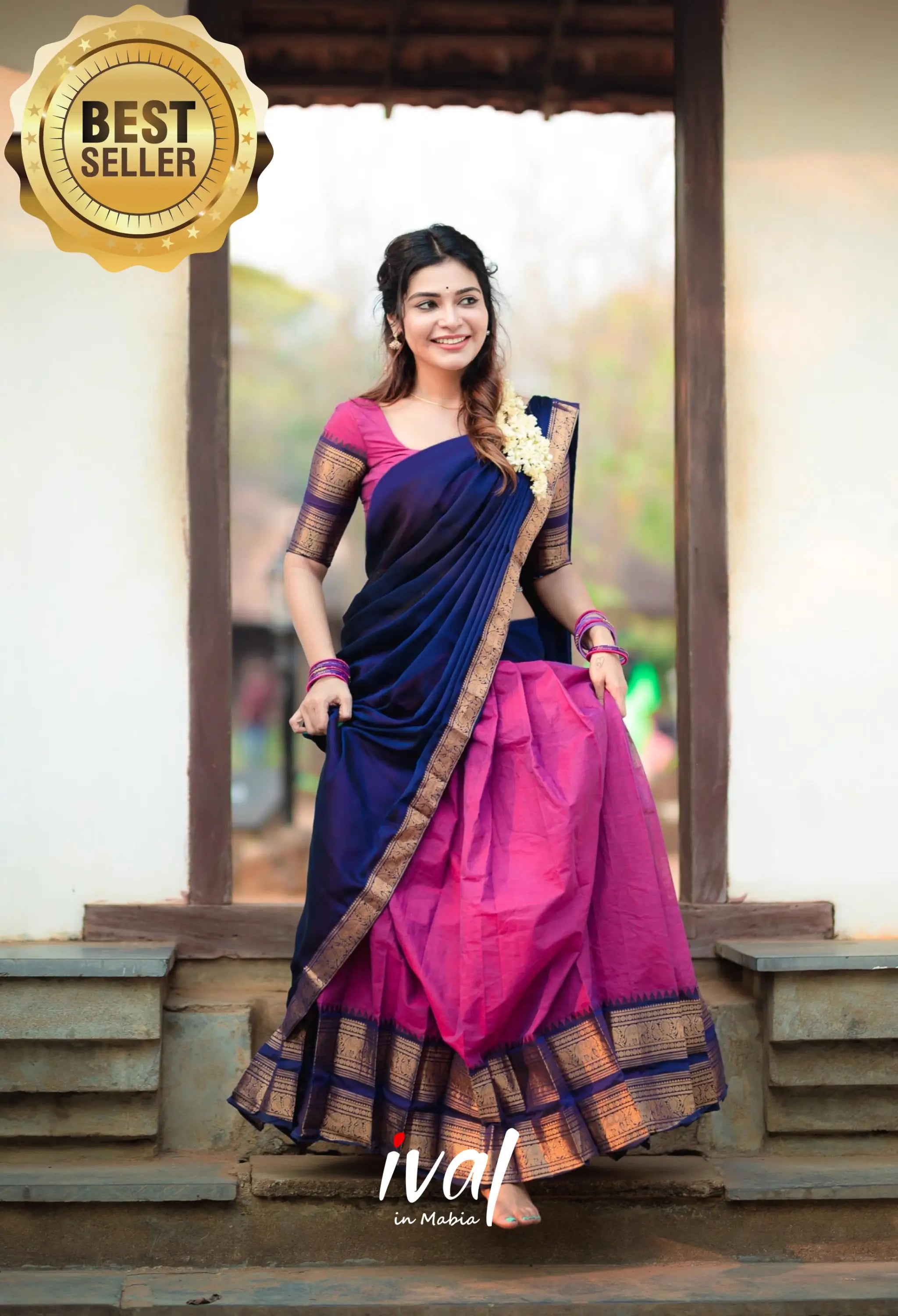 Padmaja - Pinkish Magenta And Navy Blue Cotton Halfsaree Half Sarees