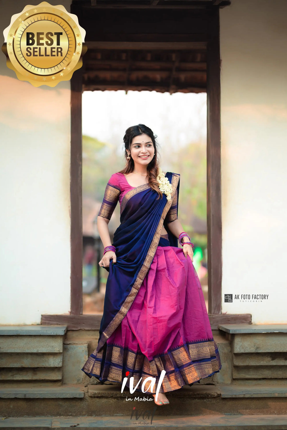 Padmaja - Pinkish Magenta And Navy Blue Cotton Halfsaree Half Sarees