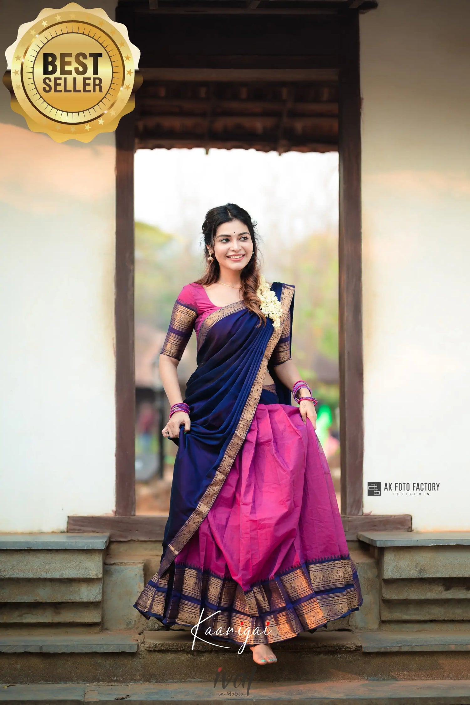 Padmaja - Pinkish Magenta And Navy Blue Cotton Halfsaree Half Sarees