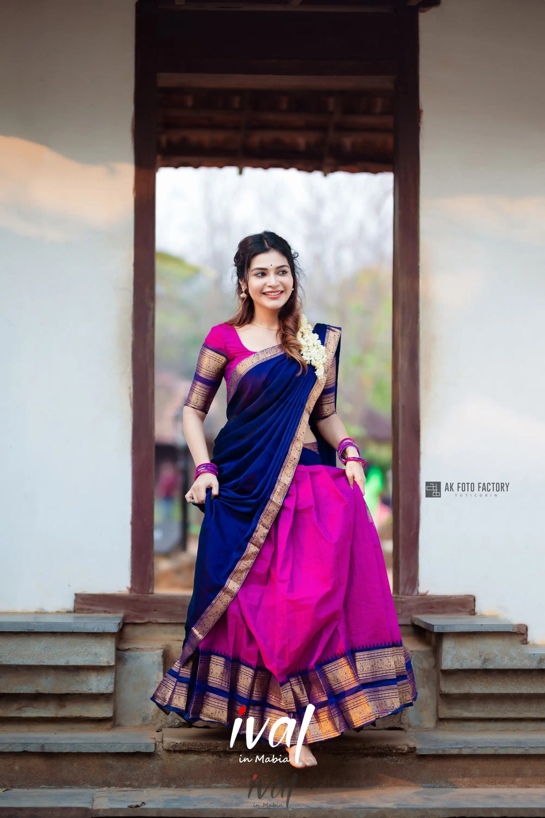 Padmaja - Pinkish Magenta And Navy Blue Cotton Halfsaree Half Sarees