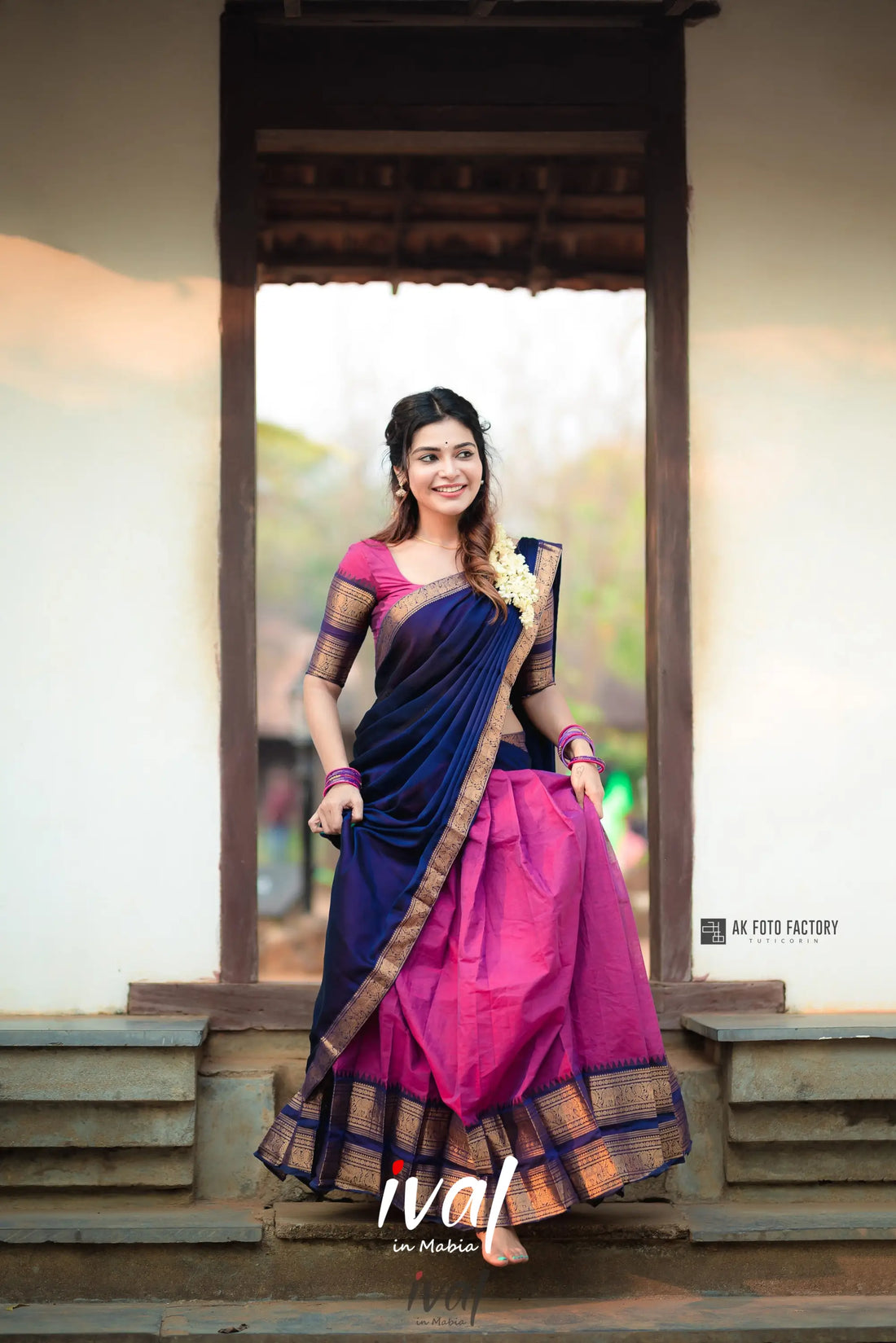 Padmaja - Pinkish Magenta And Navy Blue Cotton Halfsaree Half Sarees