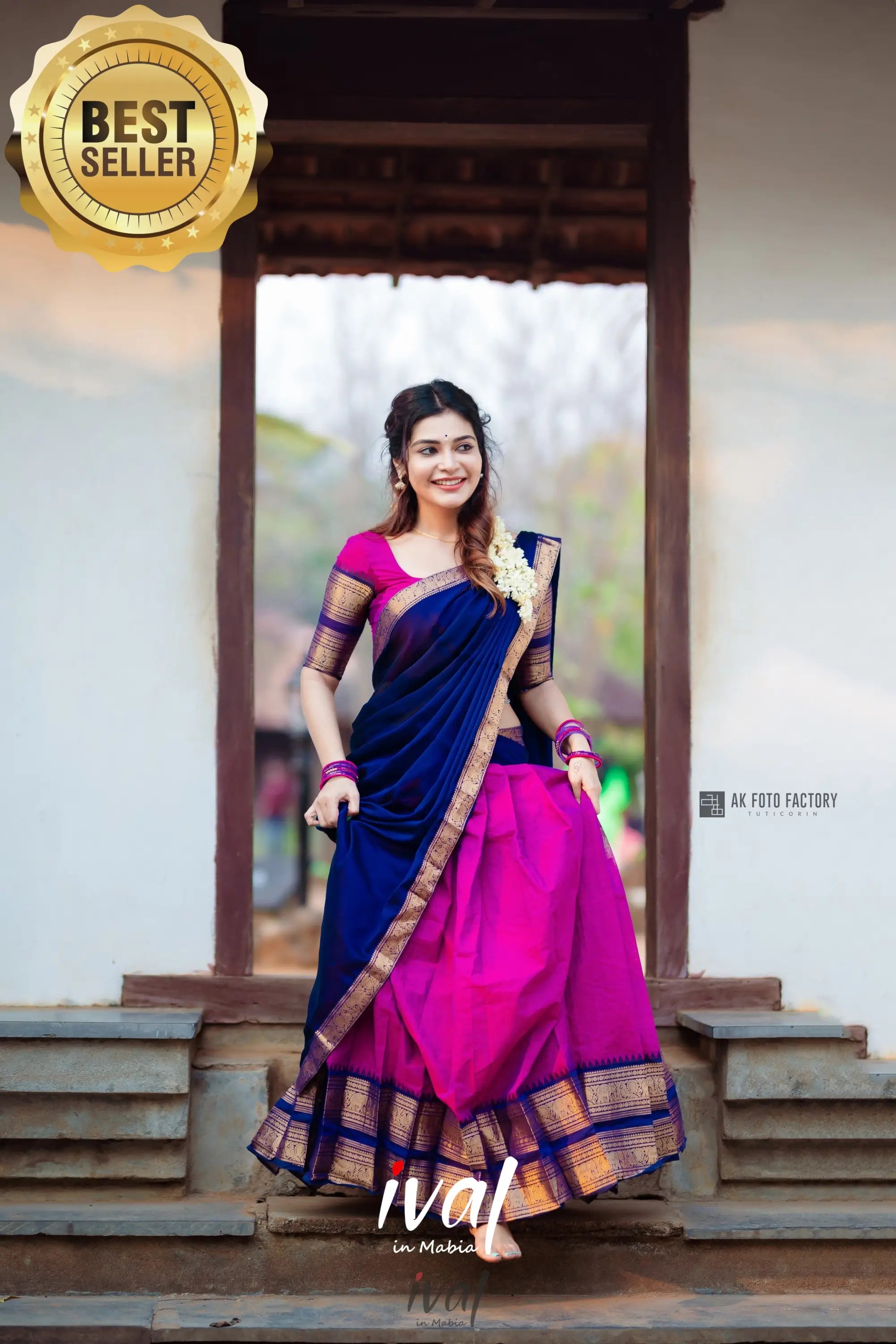 Padmaja - Pinkish Magenta And Navy Blue Cotton Halfsaree Half Sarees