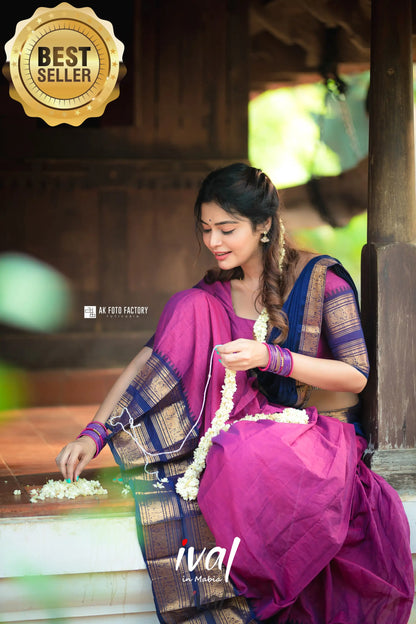 Padmaja - Pinkish Magenta And Navy Blue Cotton Halfsaree Half Sarees