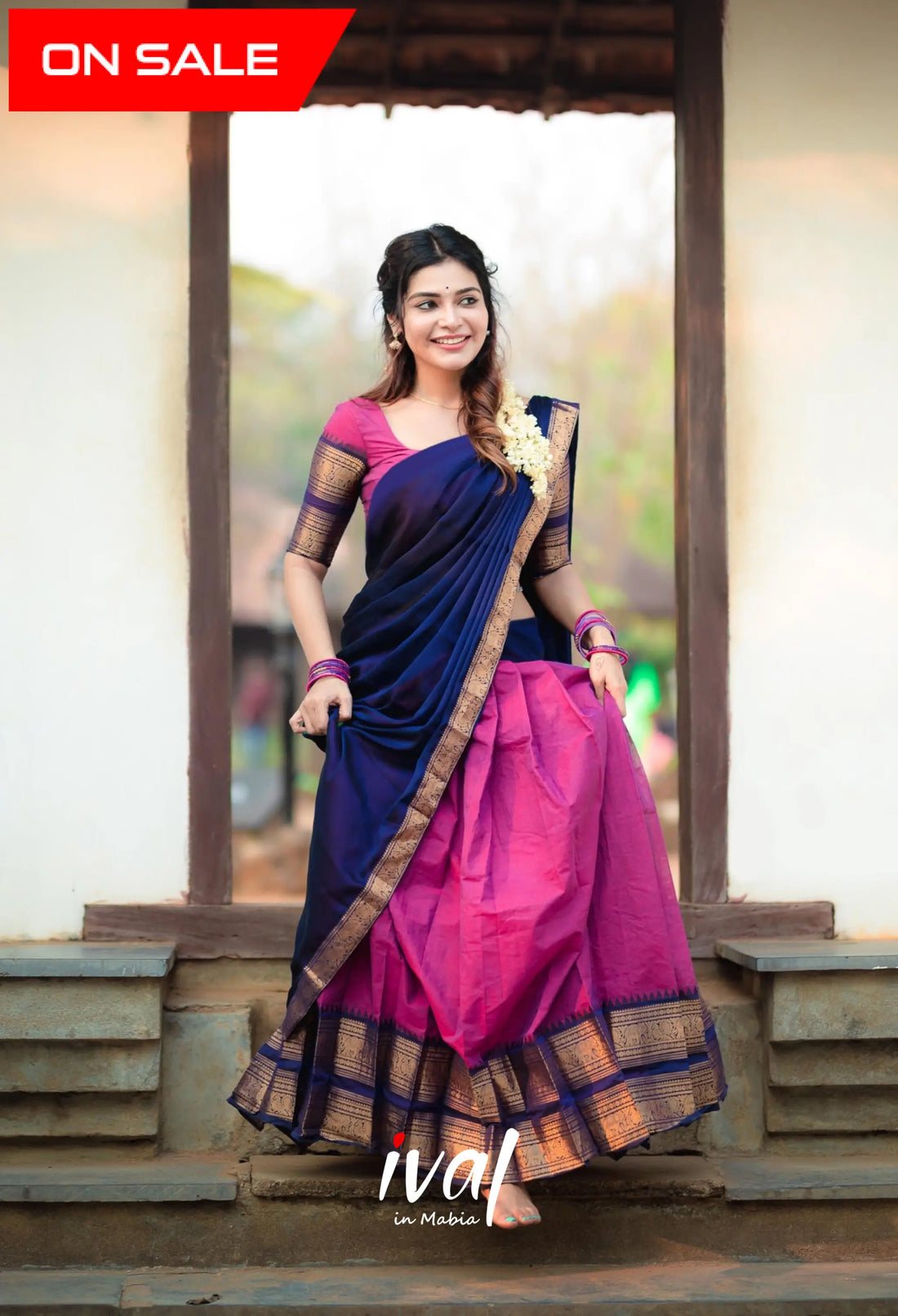 Padmaja - Pinkish Magenta And Navy Blue Cotton Halfsaree Half Sarees