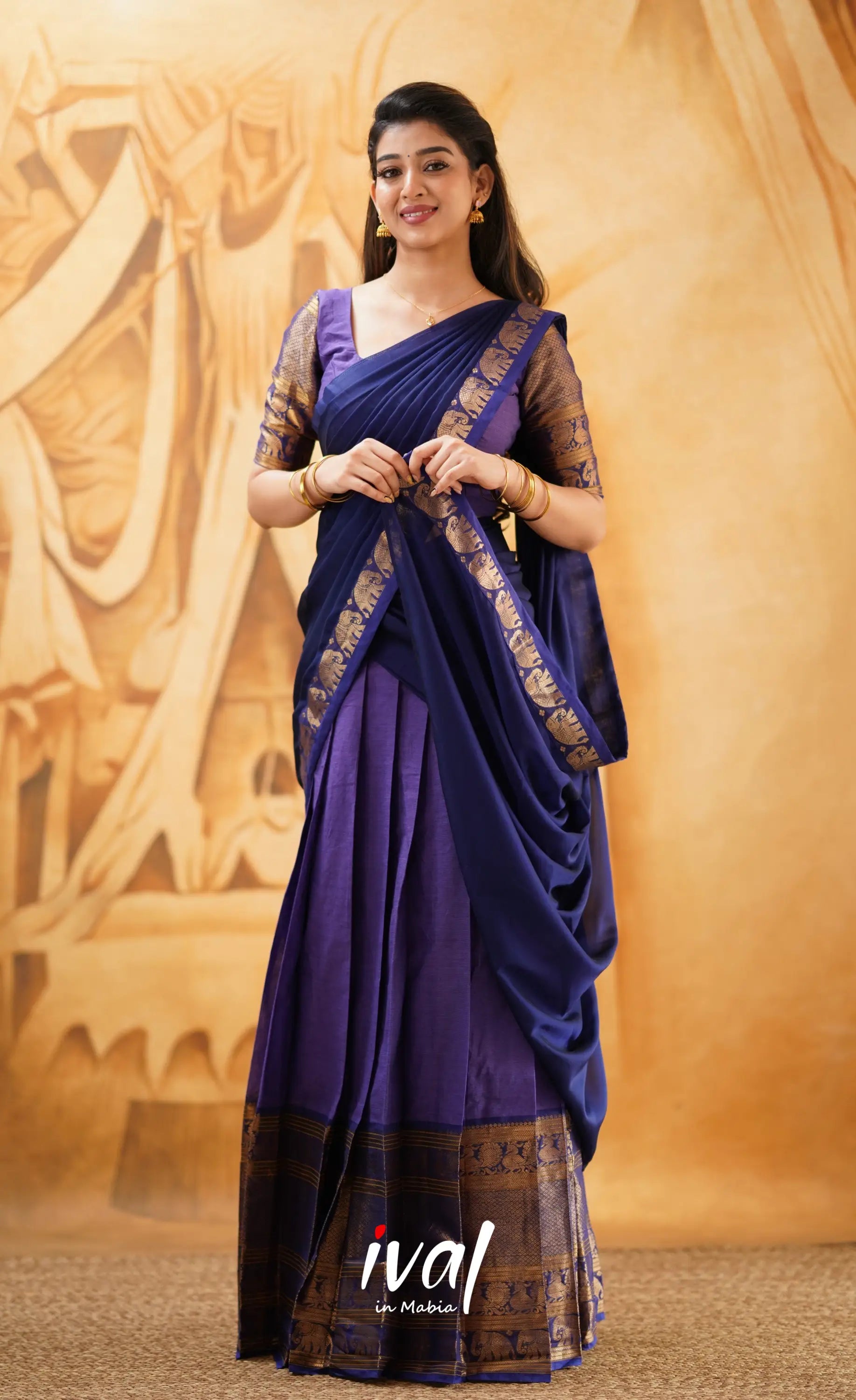 Padmaja -Purple And Dark Blue Cotton Halfsaree Half Sarees