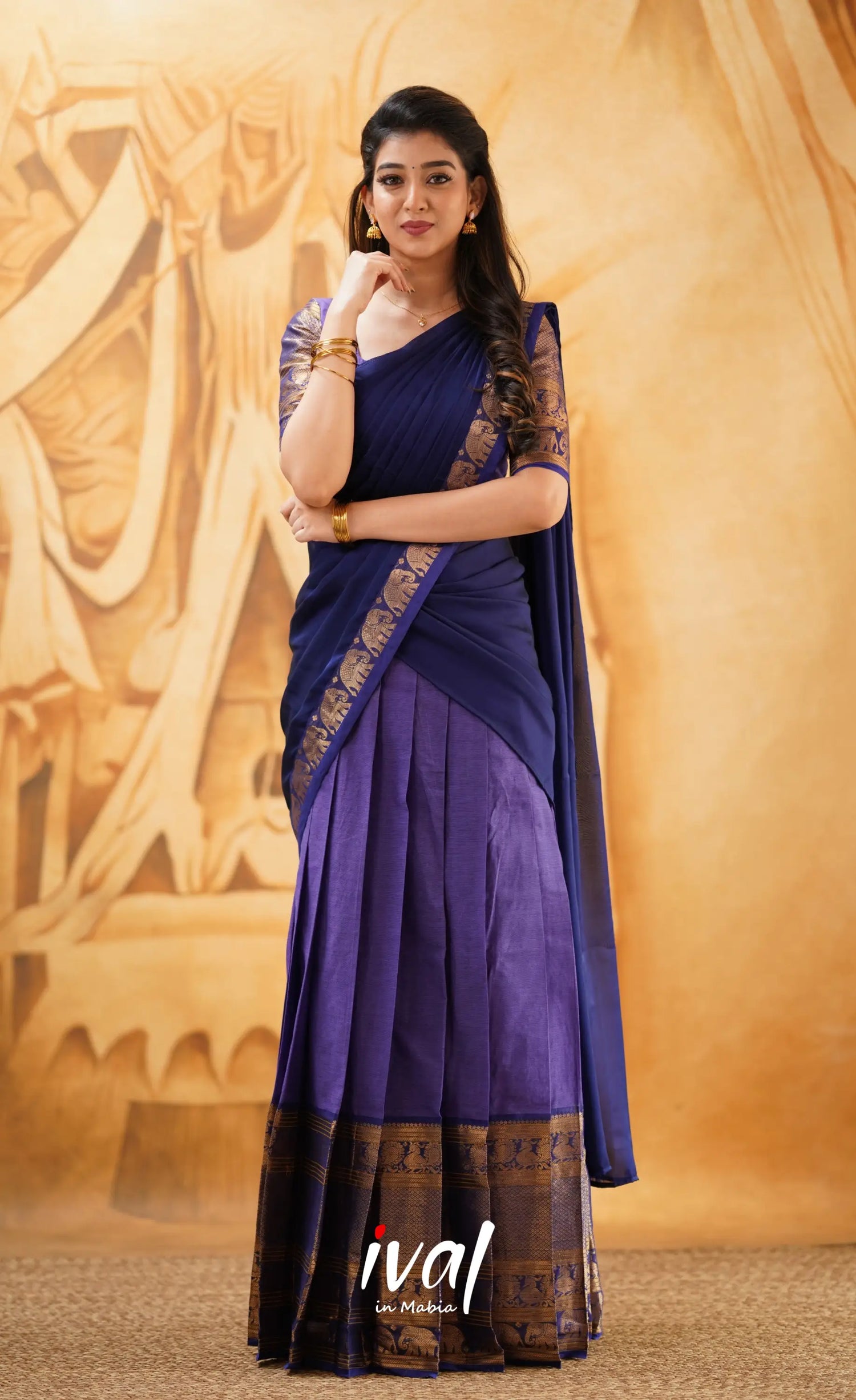 Padmaja -Purple And Dark Blue Cotton Halfsaree Half Sarees