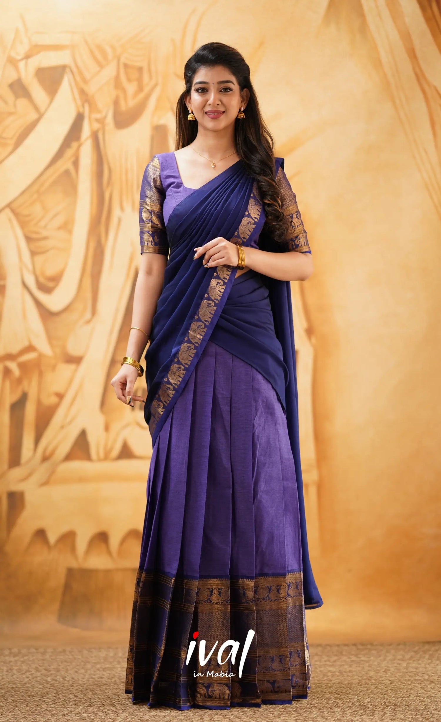 Padmaja -Purple And Dark Blue Cotton Halfsaree Half Sarees