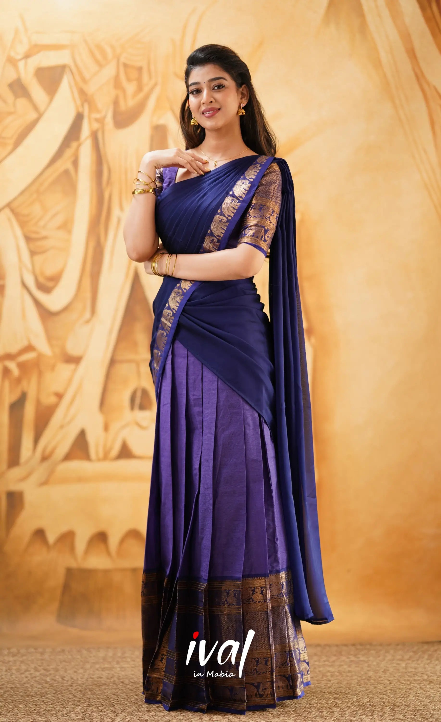 Padmaja -Purple And Dark Blue Cotton Halfsaree Half Sarees