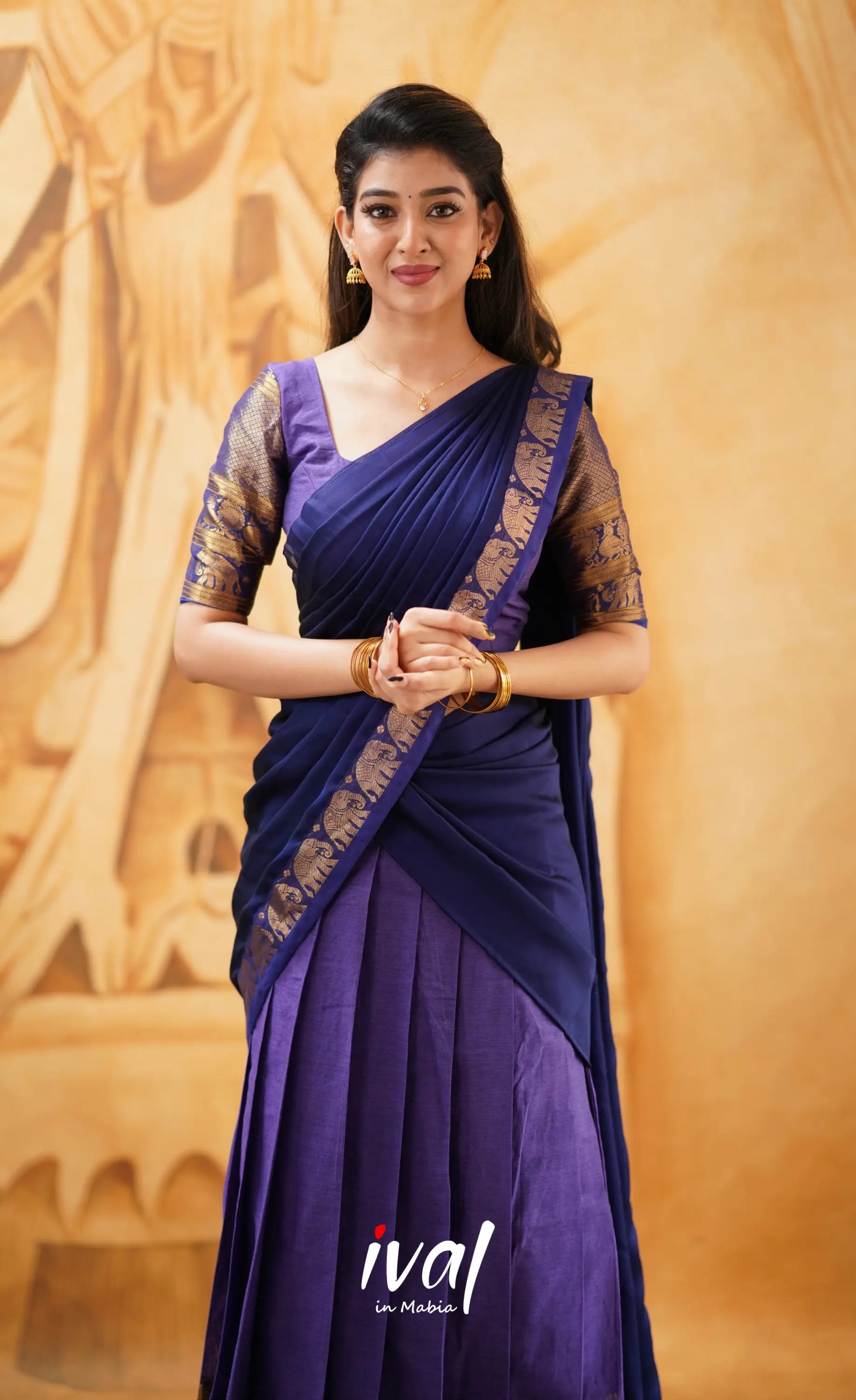 Padmaja -Purple And Dark Blue Cotton Halfsaree Half Sarees