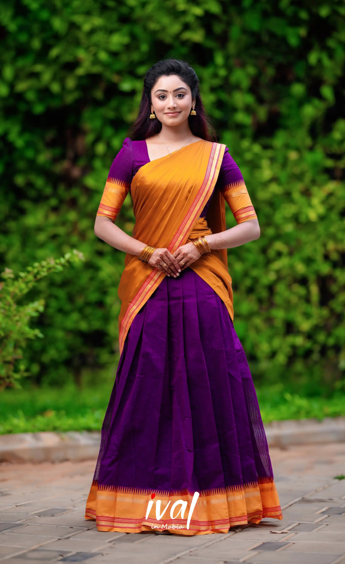 Padmaja - Purple And Dark Mustard Cotton Halfsaree Half Sarees