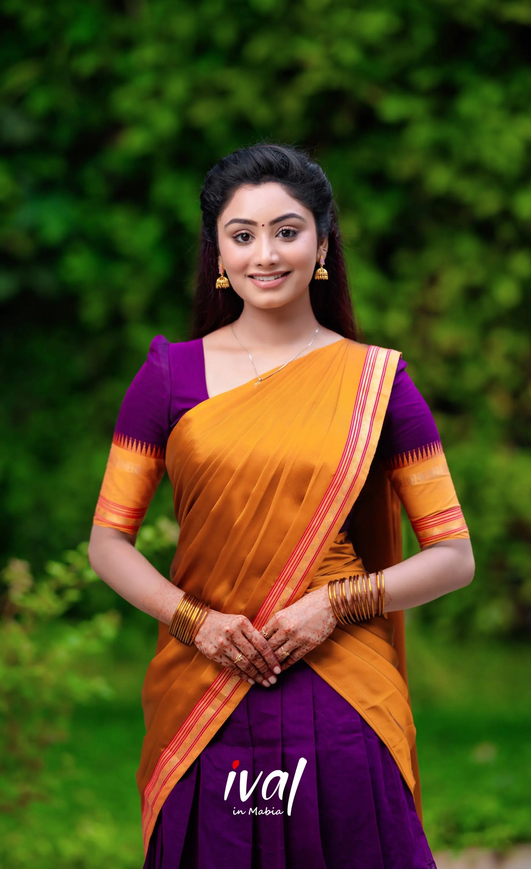 Padmaja - Purple And Dark Mustard Cotton Halfsaree Half Sarees