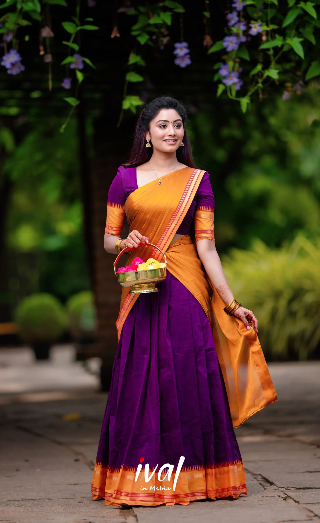 Padmaja - Purple And Dark Mustard Cotton Halfsaree Half Sarees