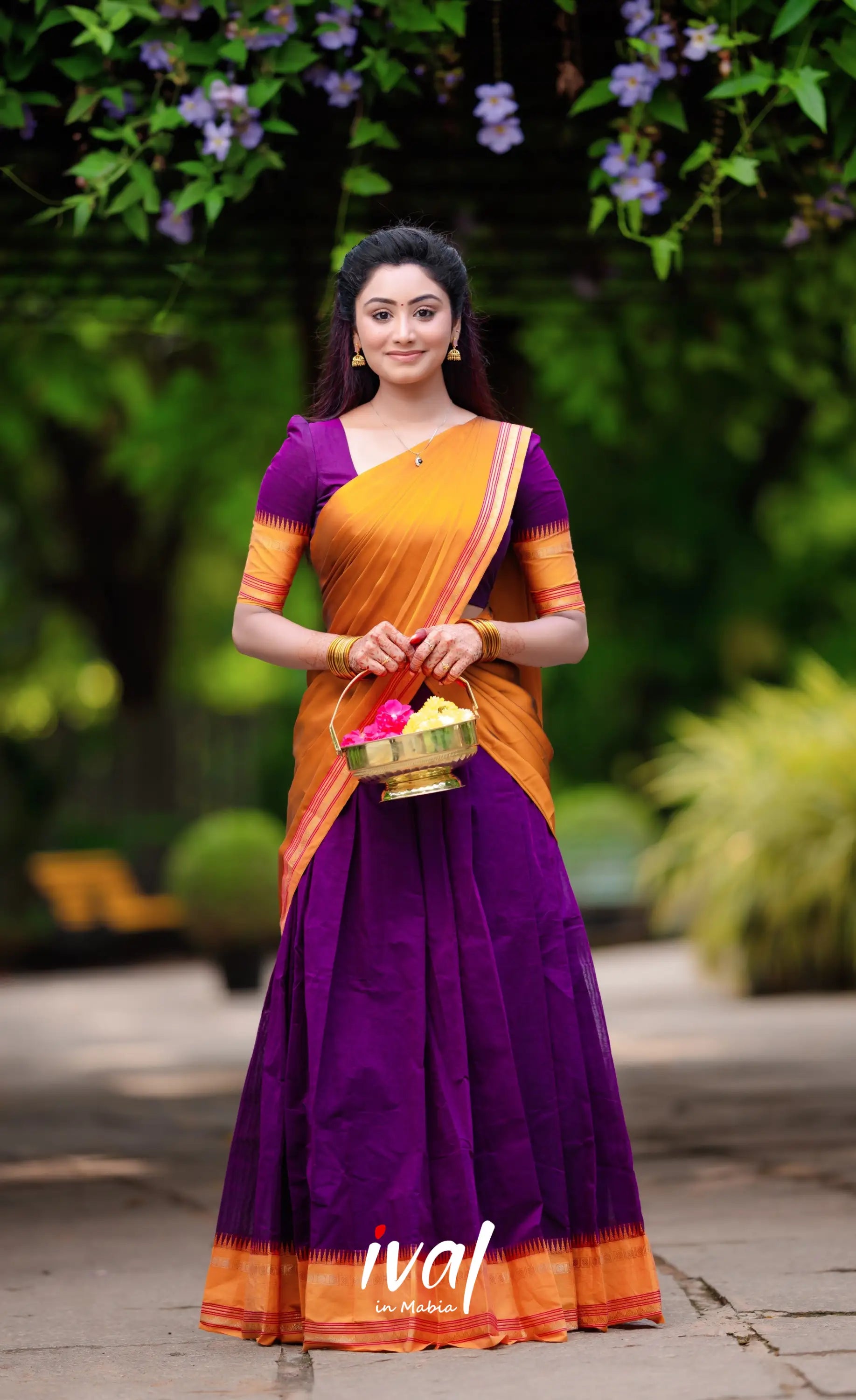 Padmaja - Purple And Dark Mustard Cotton Halfsaree Half Sarees