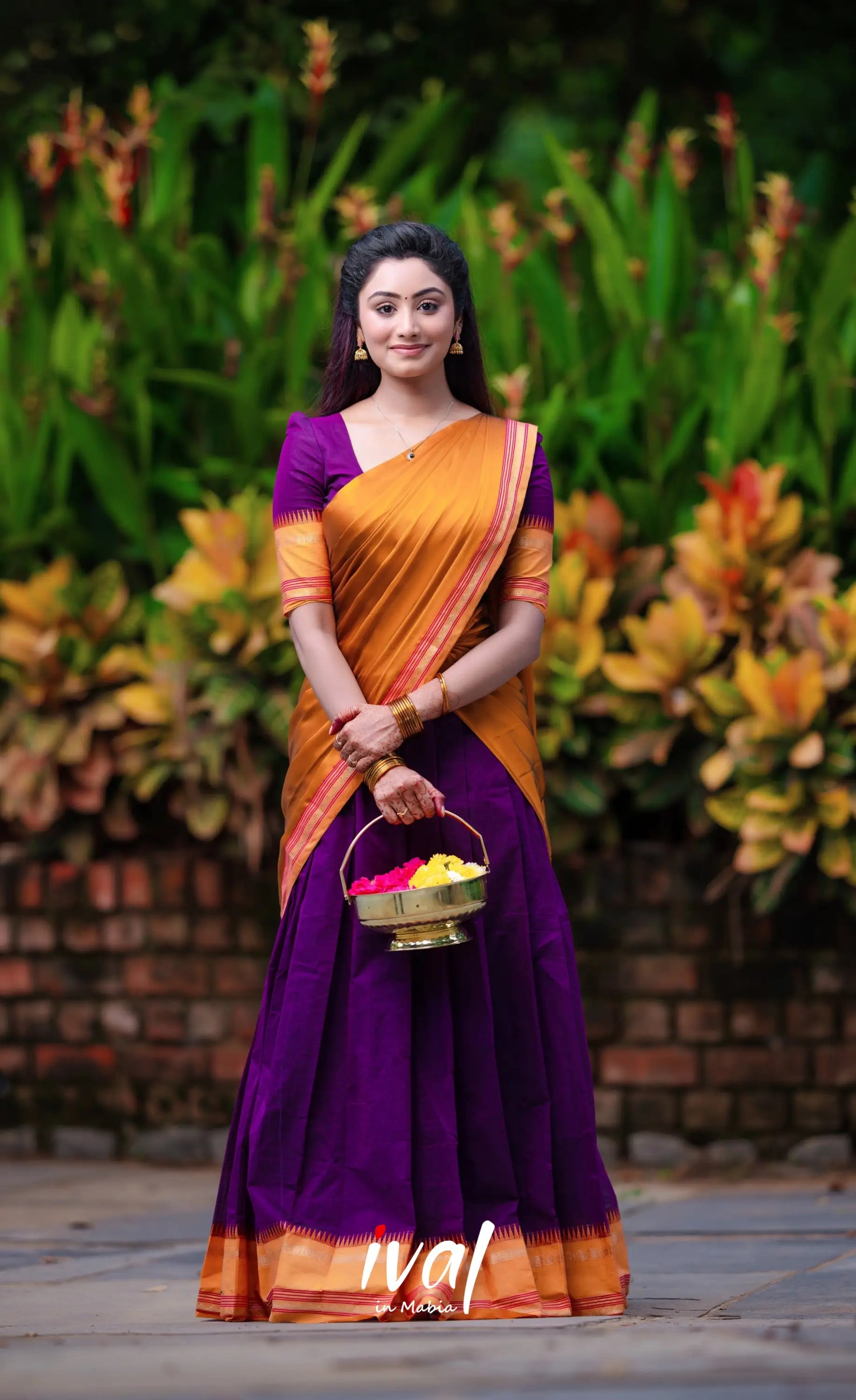 Padmaja - Purple And Dark Mustard Cotton Halfsaree Half Sarees