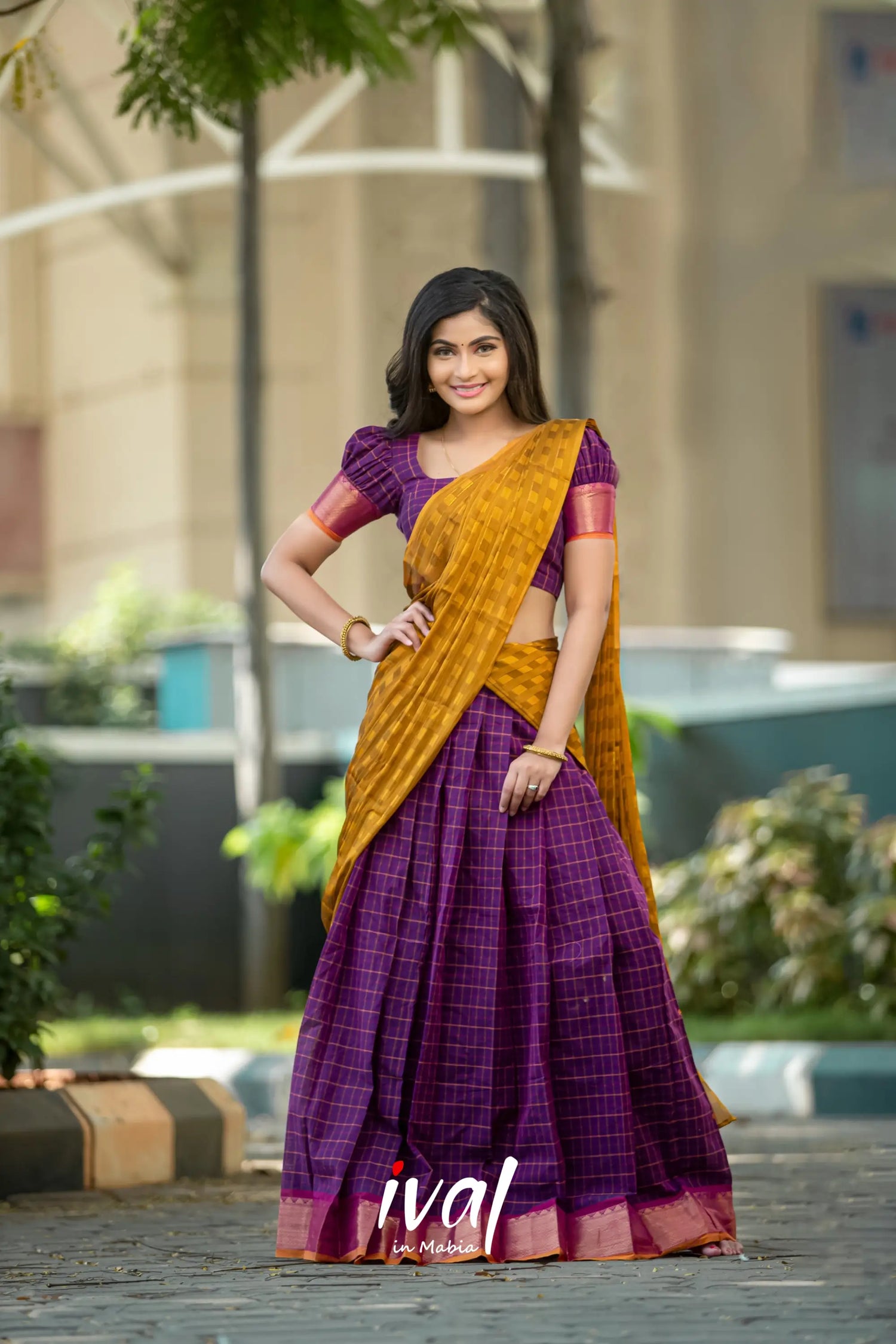 Padmaja - Purple And Mustard Yellow Cotton Halfsaree Half Sarees