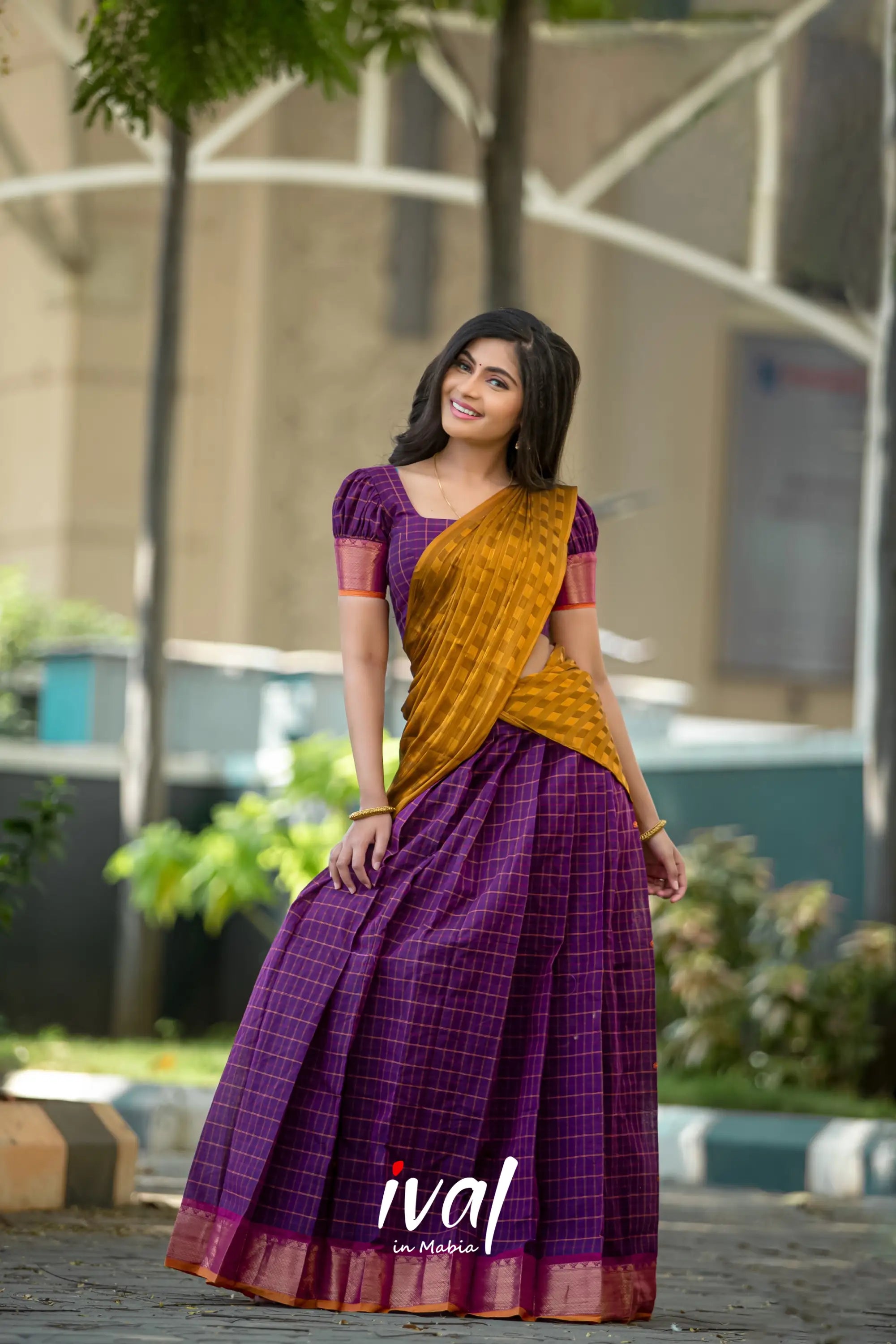 Padmaja - Purple And Mustard Yellow Cotton Halfsaree Half Sarees