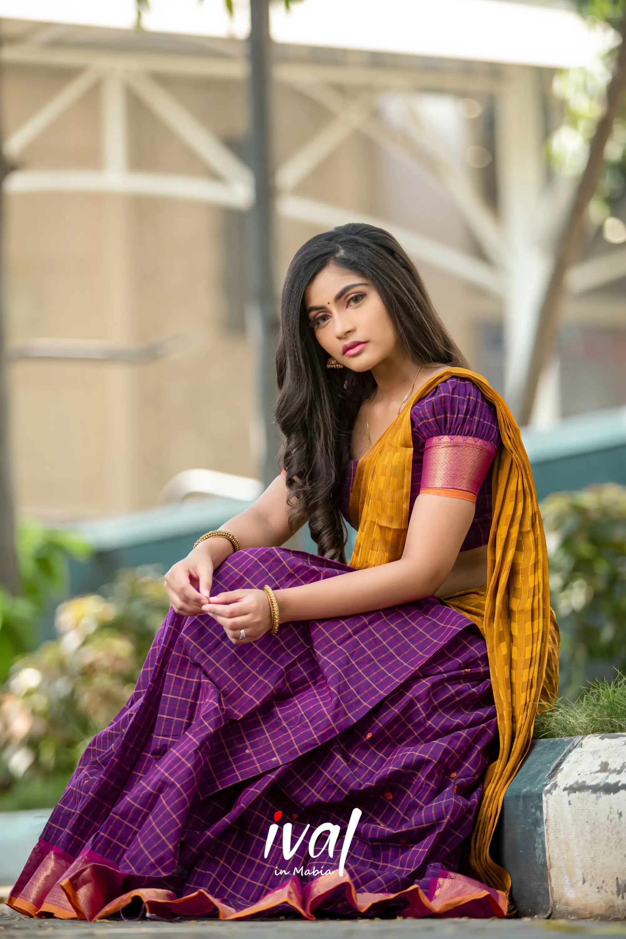 Padmaja - Purple And Mustard Yellow Cotton Halfsaree Half Sarees