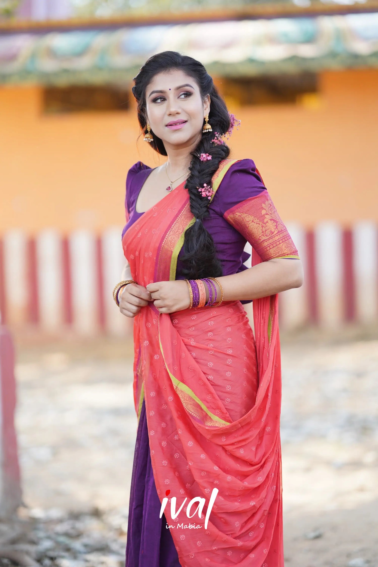 Padmaja - Purple And Peach Orange Cotton Halfsaree Half Sarees