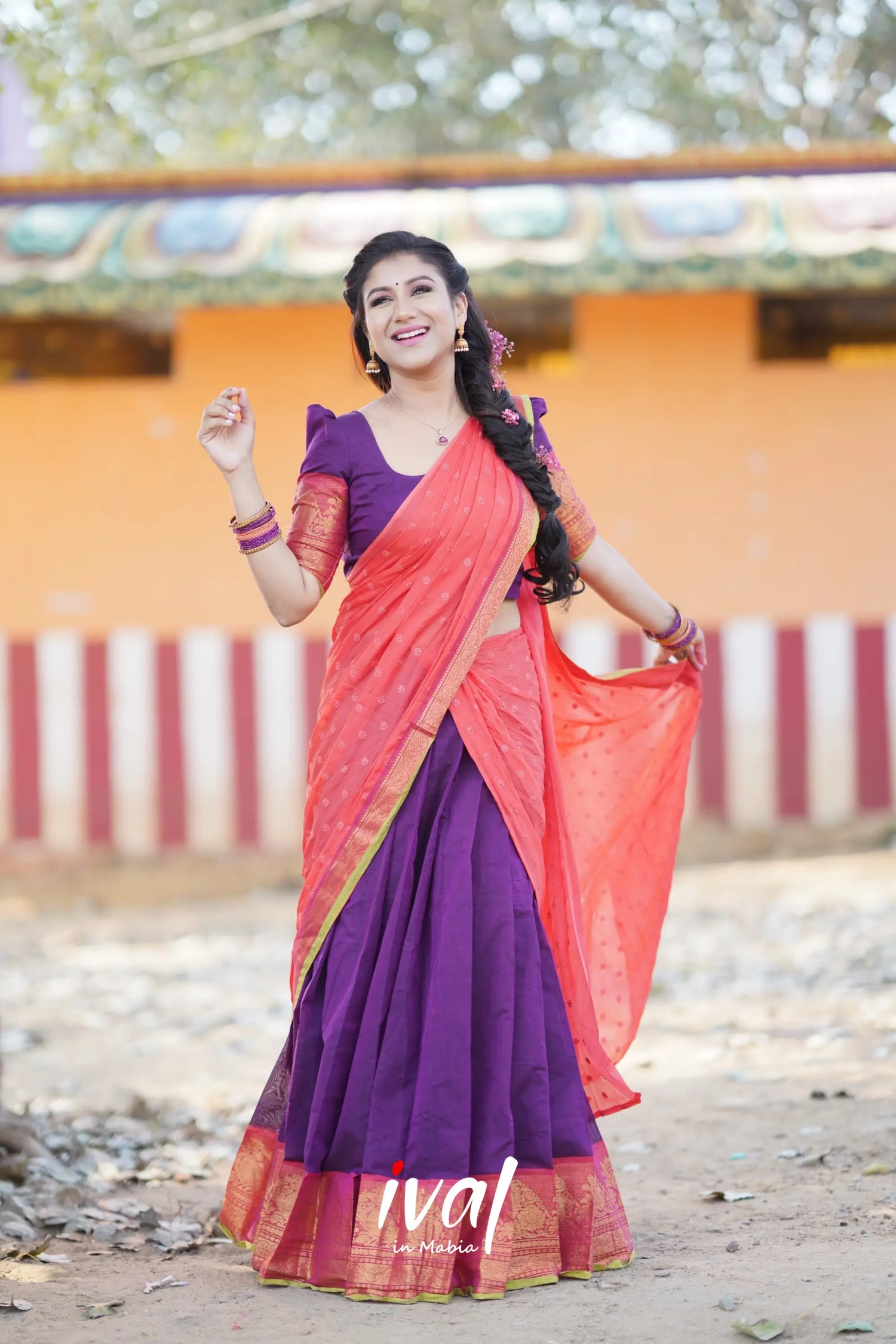 Padmaja - Purple And Peach Orange Cotton Halfsaree Half Sarees