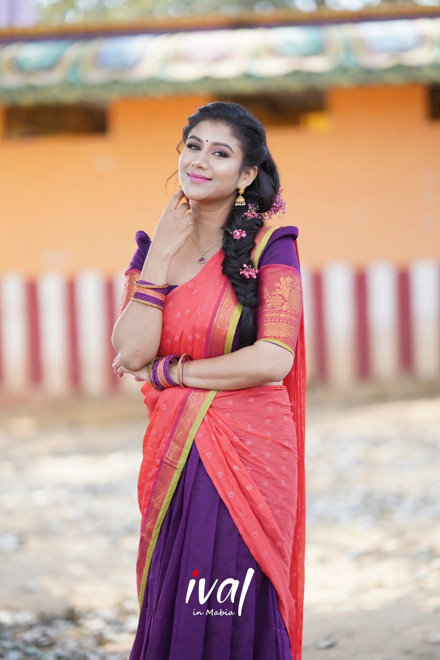 Padmaja - Purple And Peach Orange Cotton Halfsaree Half Sarees