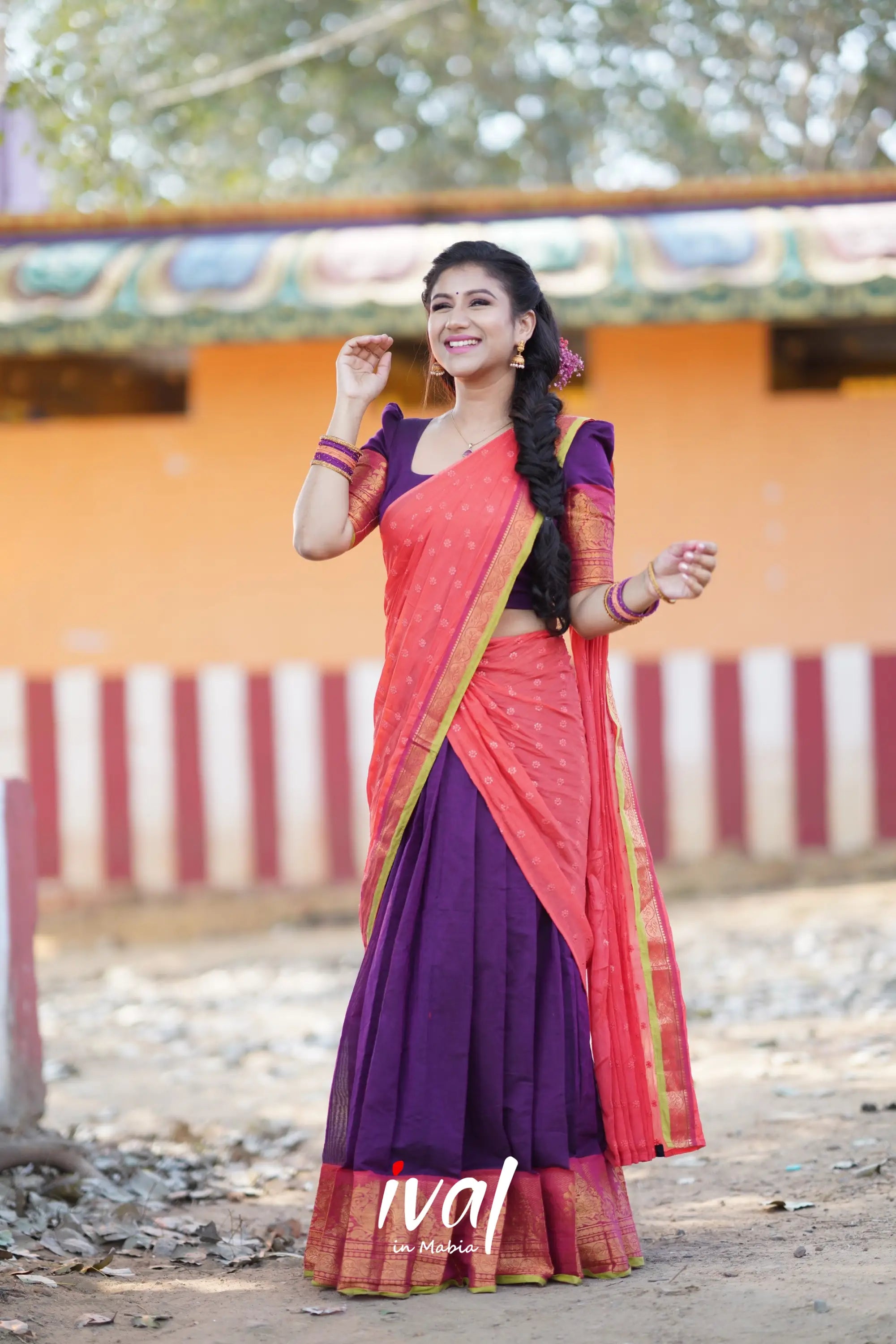 Padmaja - Purple And Peach Orange Cotton Halfsaree Half Sarees