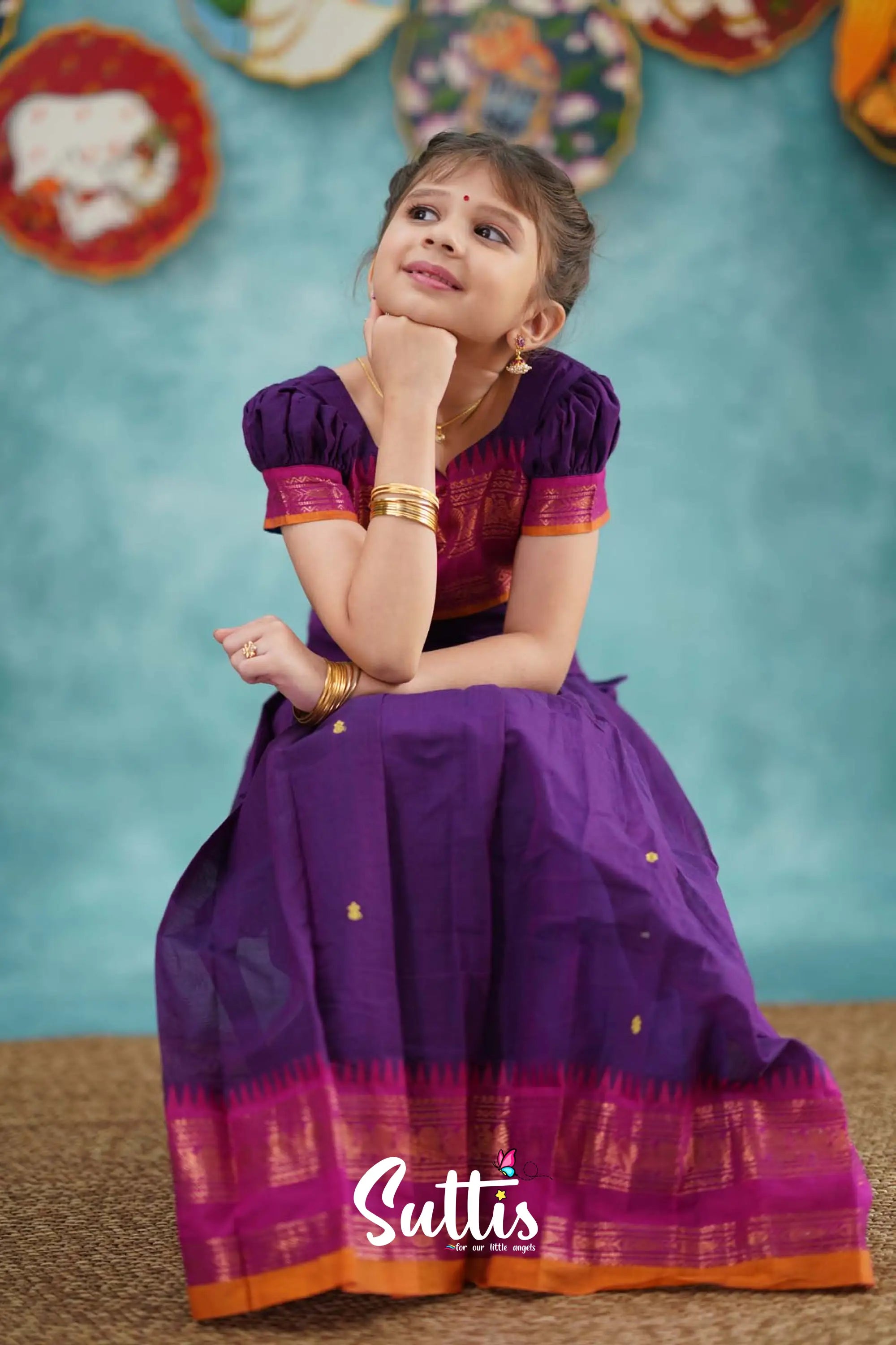 Padmaja - Purple And Pink Cotton Pavadai Top Kids-Suttis
