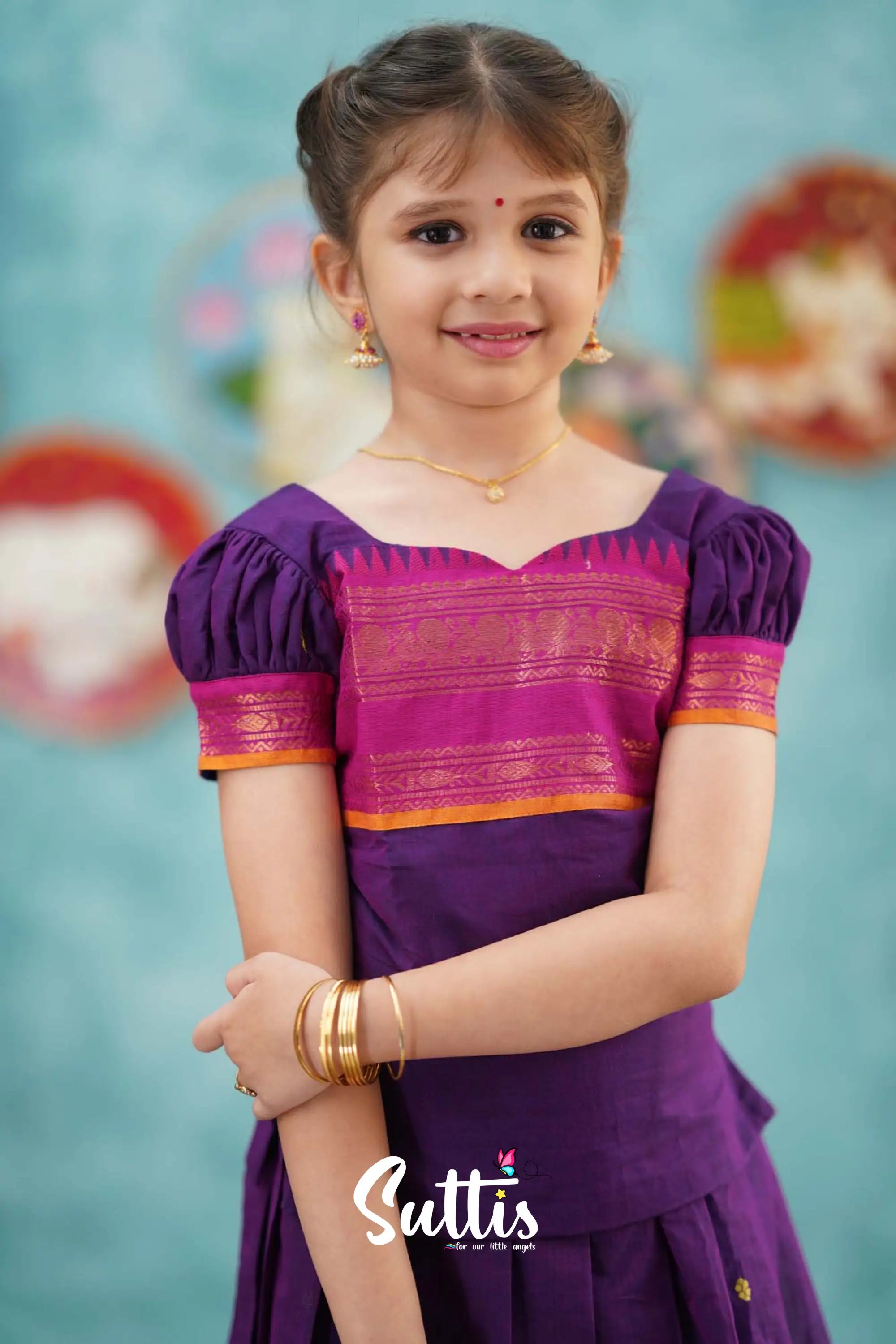 Padmaja - Purple And Pink Cotton Pavadai Top Kids-Suttis