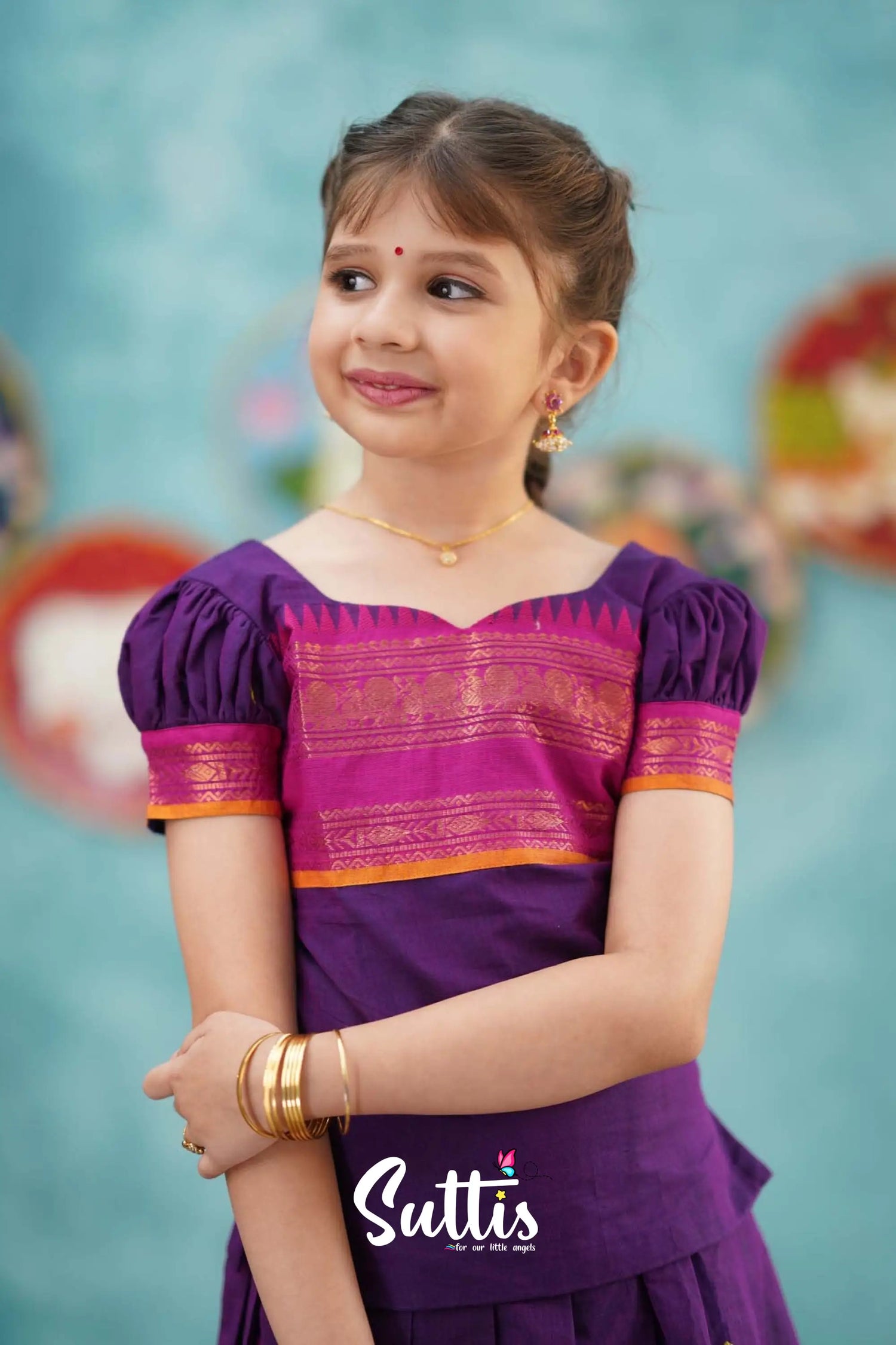 Padmaja - Purple And Pink Cotton Pavadai Top Kids-Suttis