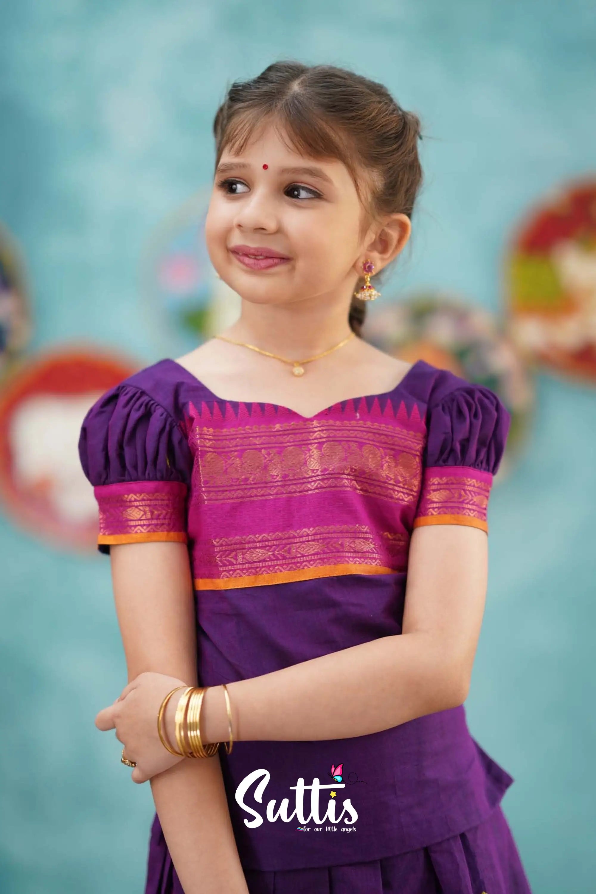 Padmaja - Purple And Pink Cotton Pavadai Top Kids-Suttis