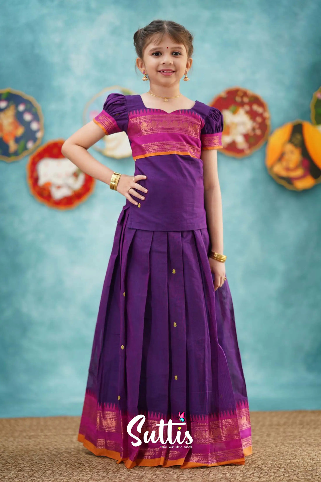 Padmaja - Purple And Pink Cotton Pavadai Top Kids-Suttis