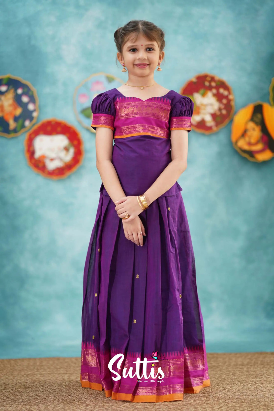 Padmaja - Purple And Pink Cotton Pavadai Top Kids-Suttis