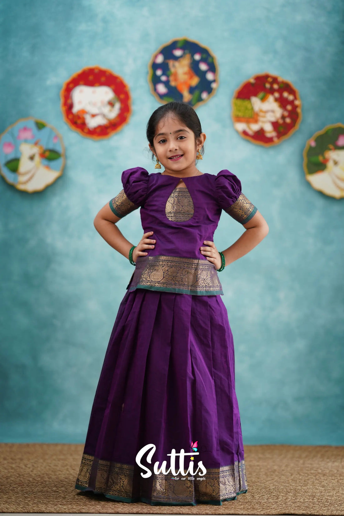 Padmaja - Purple And Teal Green Pavadai Sattai Kids-Suttis