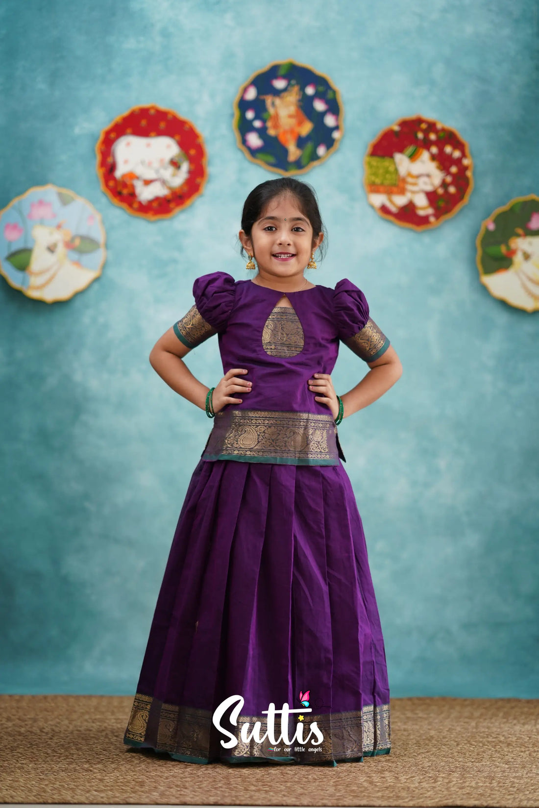 Padmaja - Purple And Teal Green Pavadai Sattai Kids-Suttis