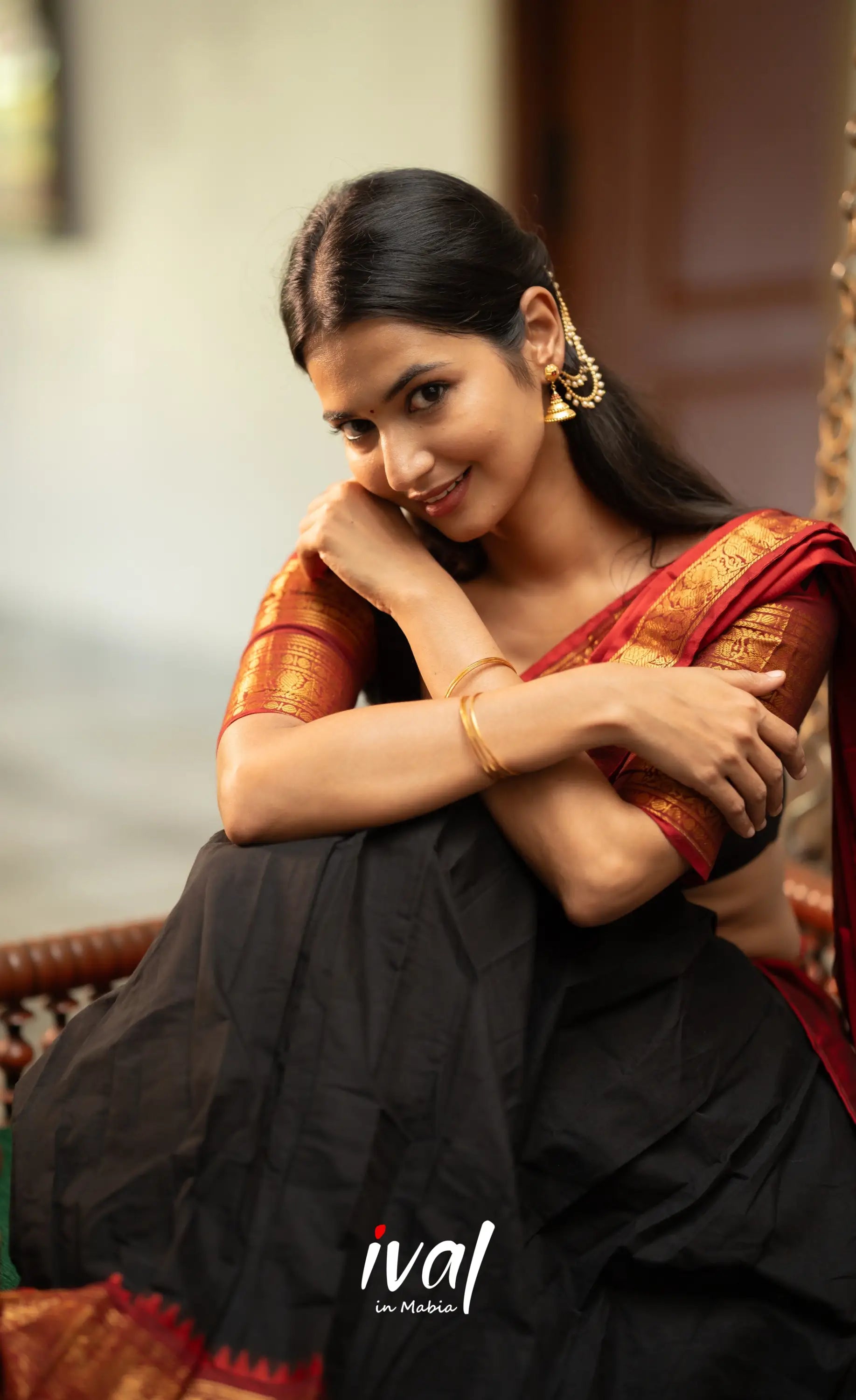 Padmaja - Red and Black Chettinad Cotton Halfsaree - Half Sarees