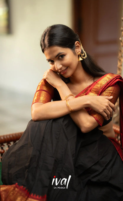 Padmaja - Red and Black Chettinad Cotton Halfsaree - Half Sarees
