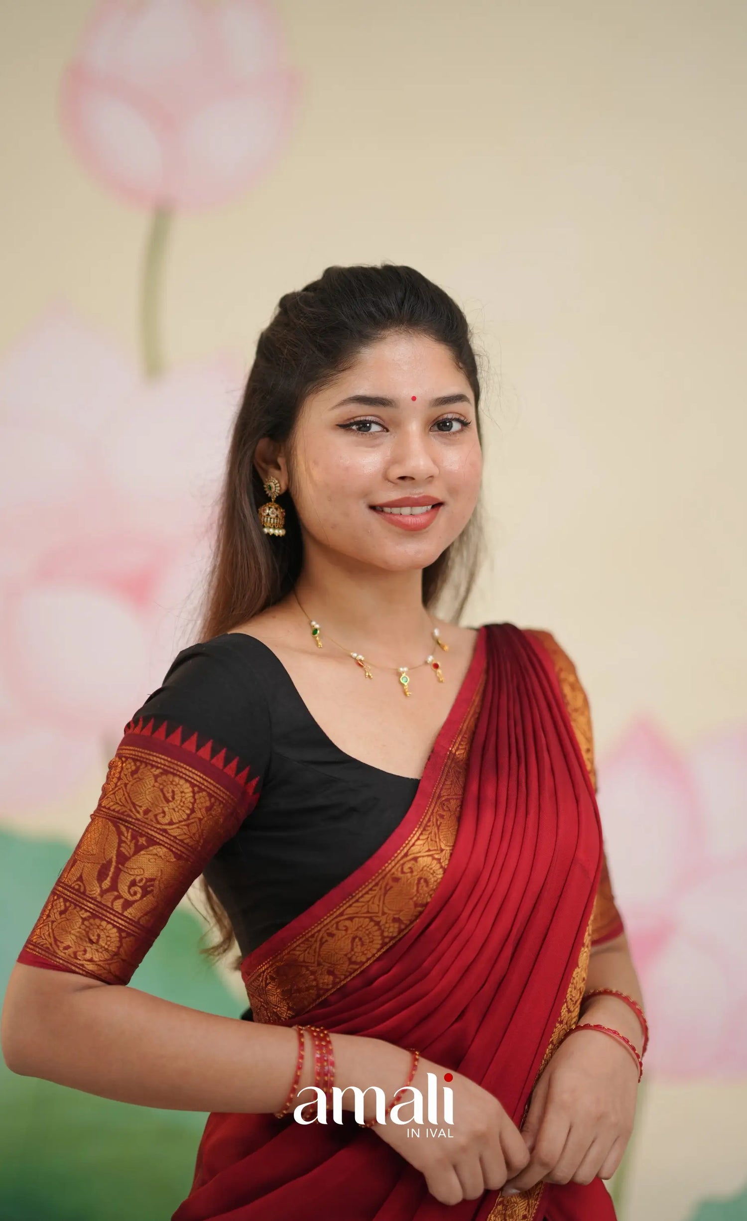 Padmaja - Red and Black Chettinad Cotton Halfsaree - Half Sarees