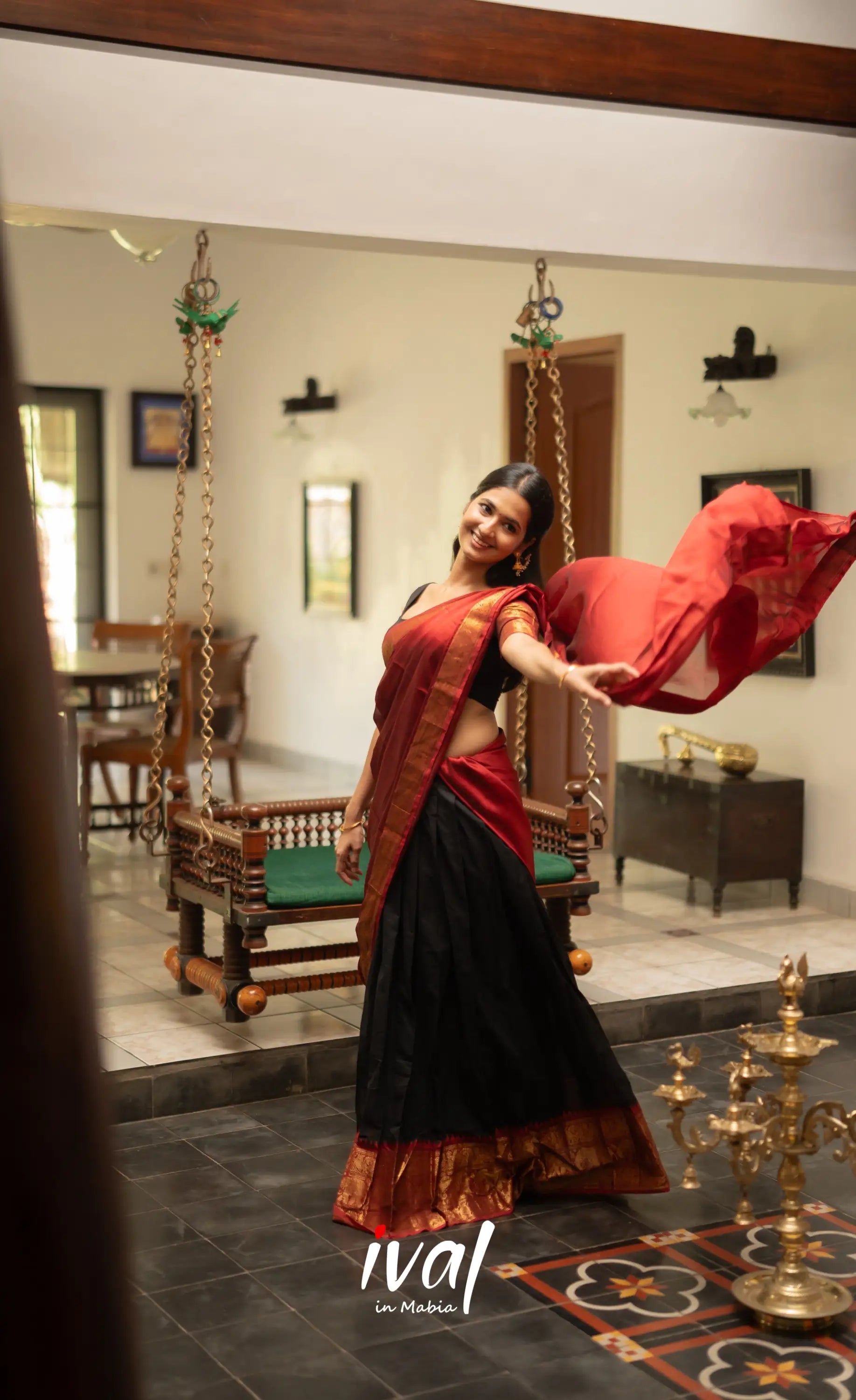 Padmaja - Red and Black Chettinad Cotton Halfsaree - Half Sarees