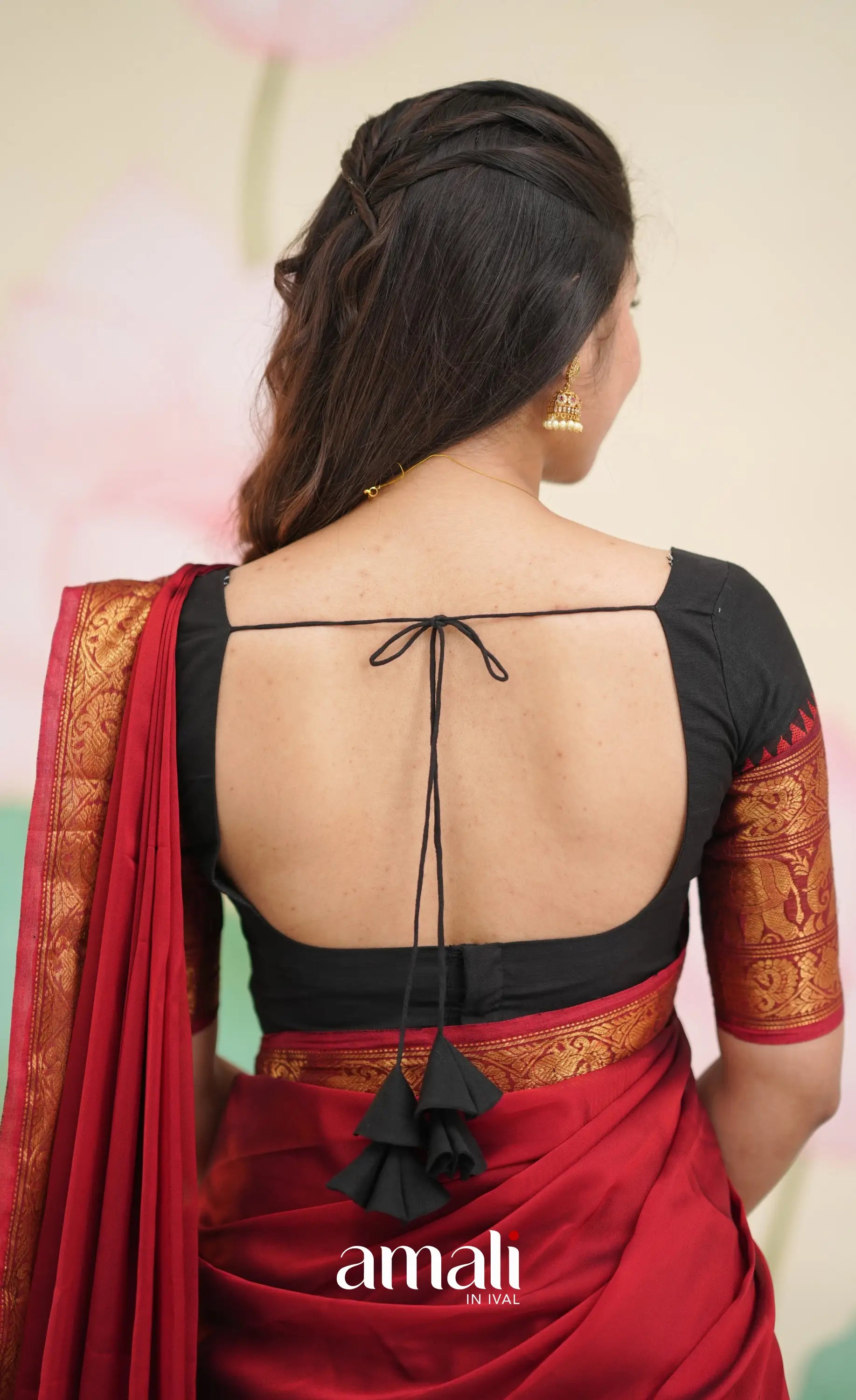 Padmaja - Red and Black Chettinad Cotton Halfsaree - Half Sarees