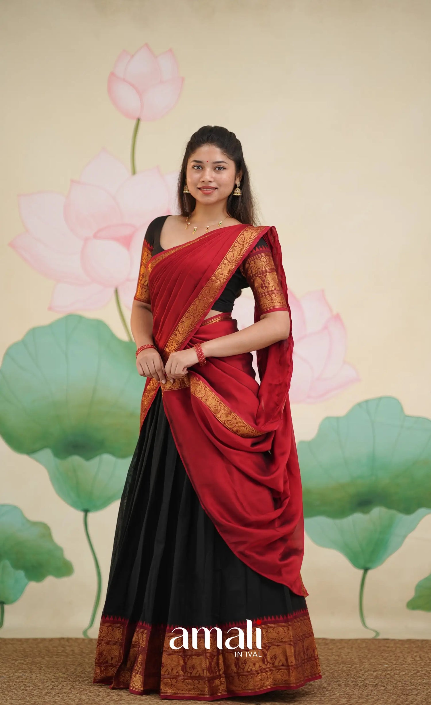 Padmaja - Red and Black Chettinad Cotton Halfsaree - Half Sarees