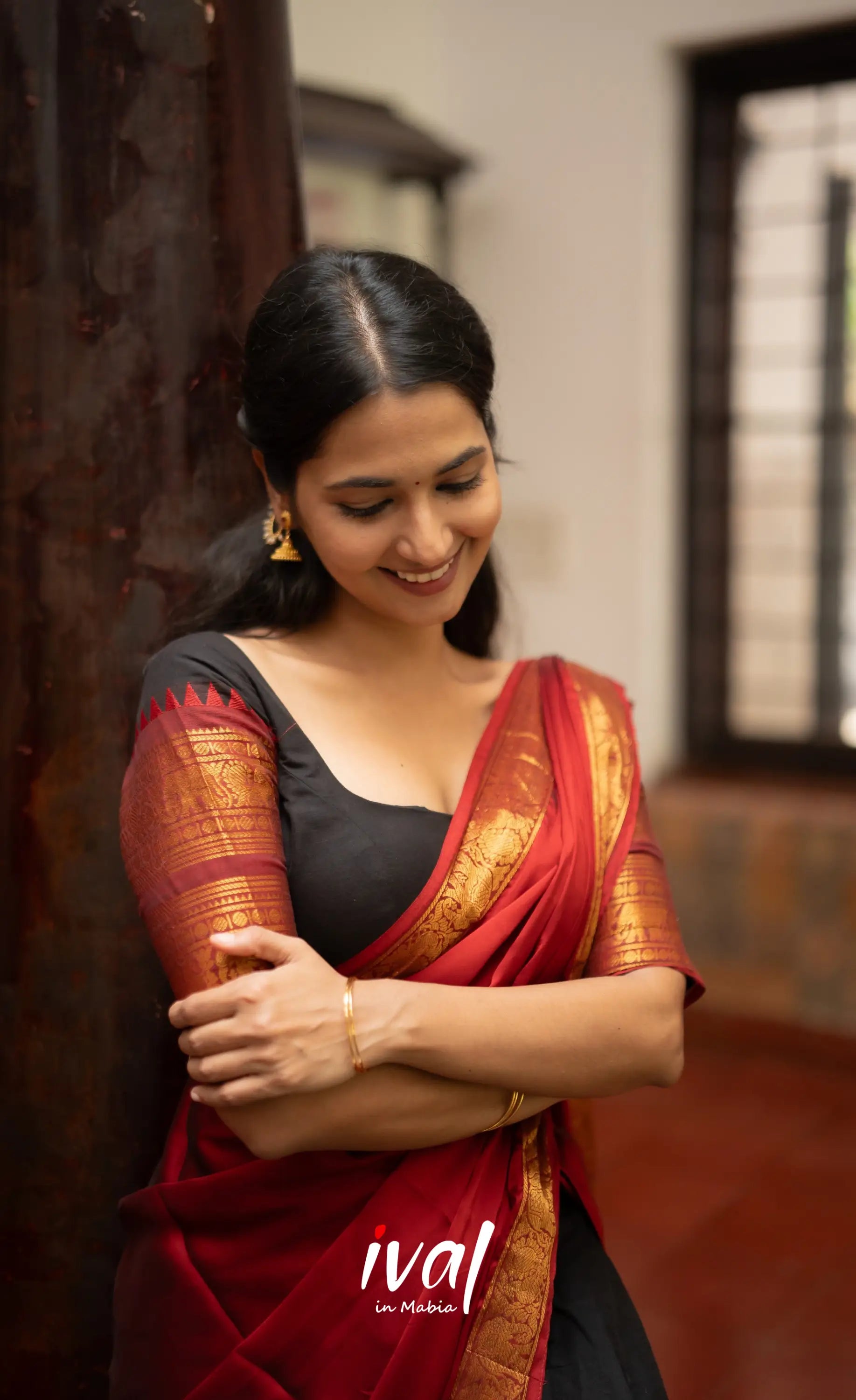 Padmaja - Red and Black Chettinad Cotton Halfsaree - Half Sarees