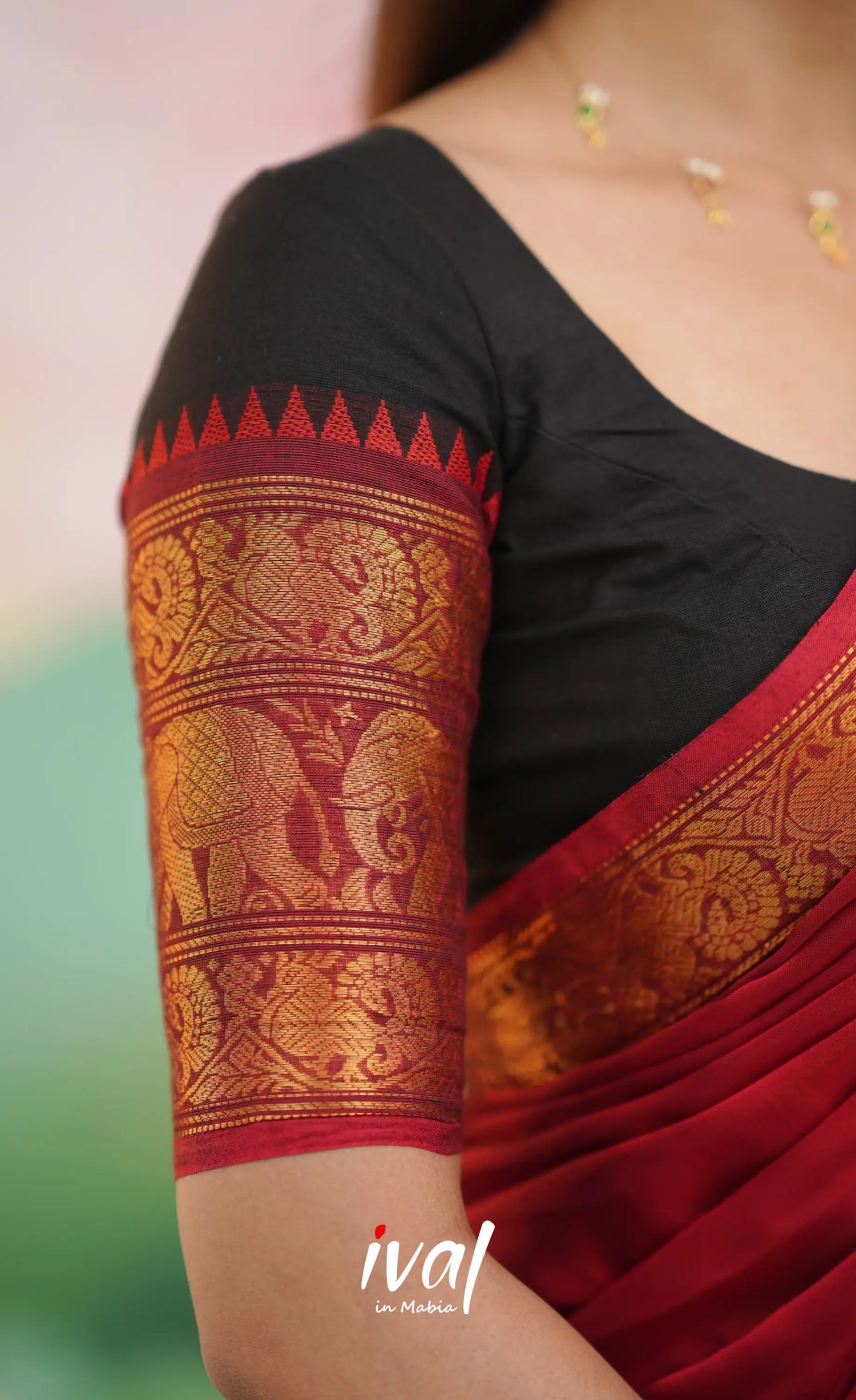 Padmaja - Red and Black Chettinad Cotton Halfsaree - Half Sarees