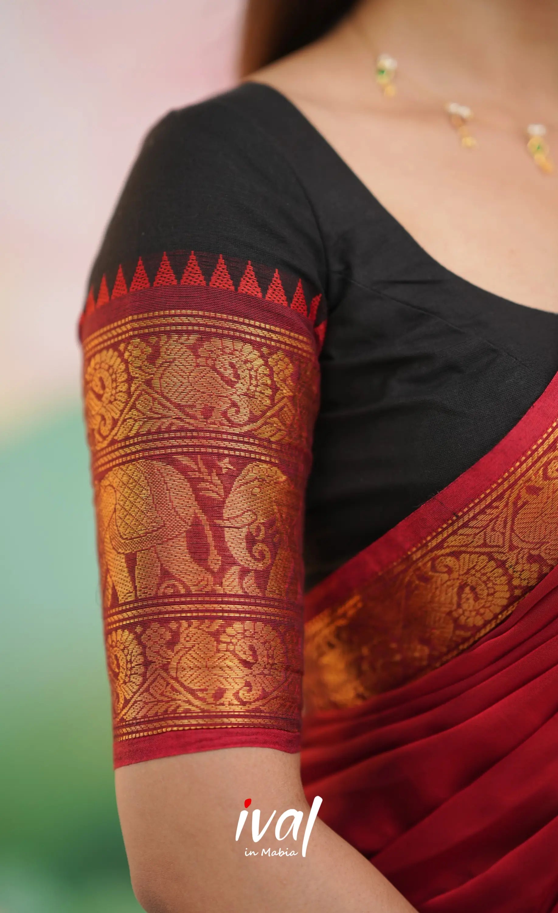 Padmaja - Red and Black Chettinad Cotton Halfsaree - Half Sarees