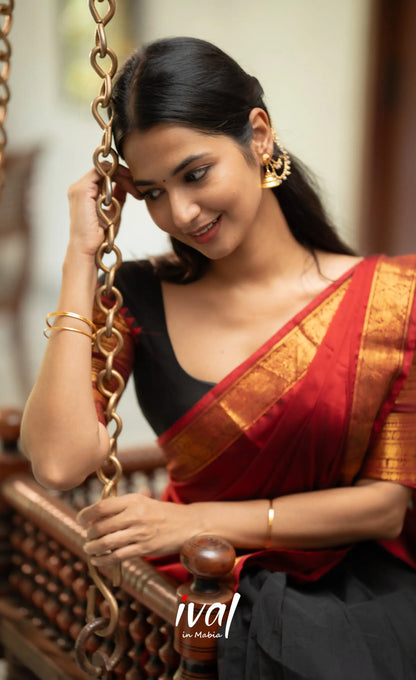 Padmaja - Red and Black Chettinad Cotton Halfsaree - Half Sarees