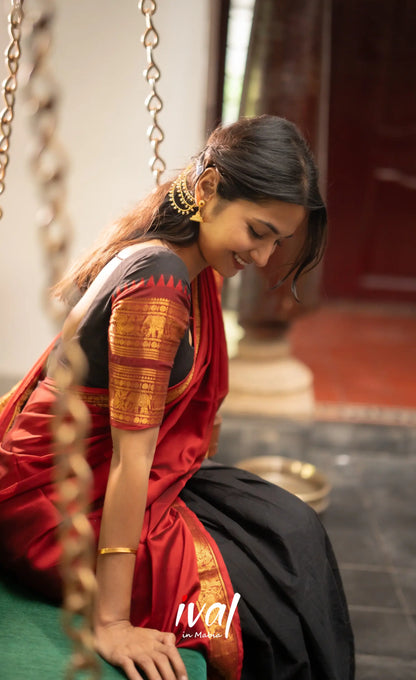 Padmaja - Red and Black Chettinad Cotton Halfsaree - Half Sarees