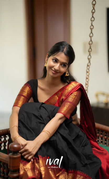 Padmaja - Red and Black Chettinad Cotton Halfsaree - Half Sarees