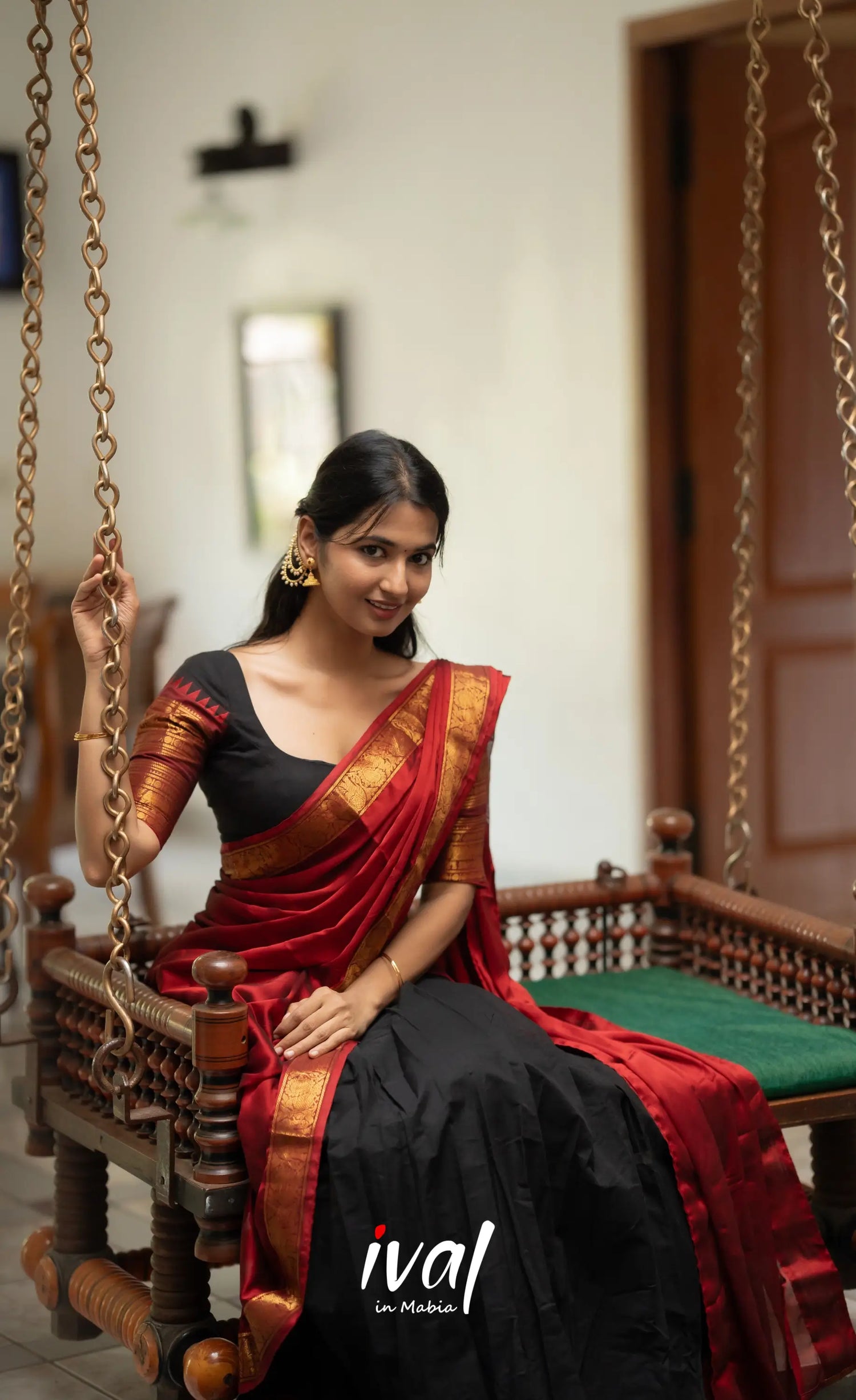 Padmaja - Red and Black Chettinad Cotton Halfsaree - Half Sarees
