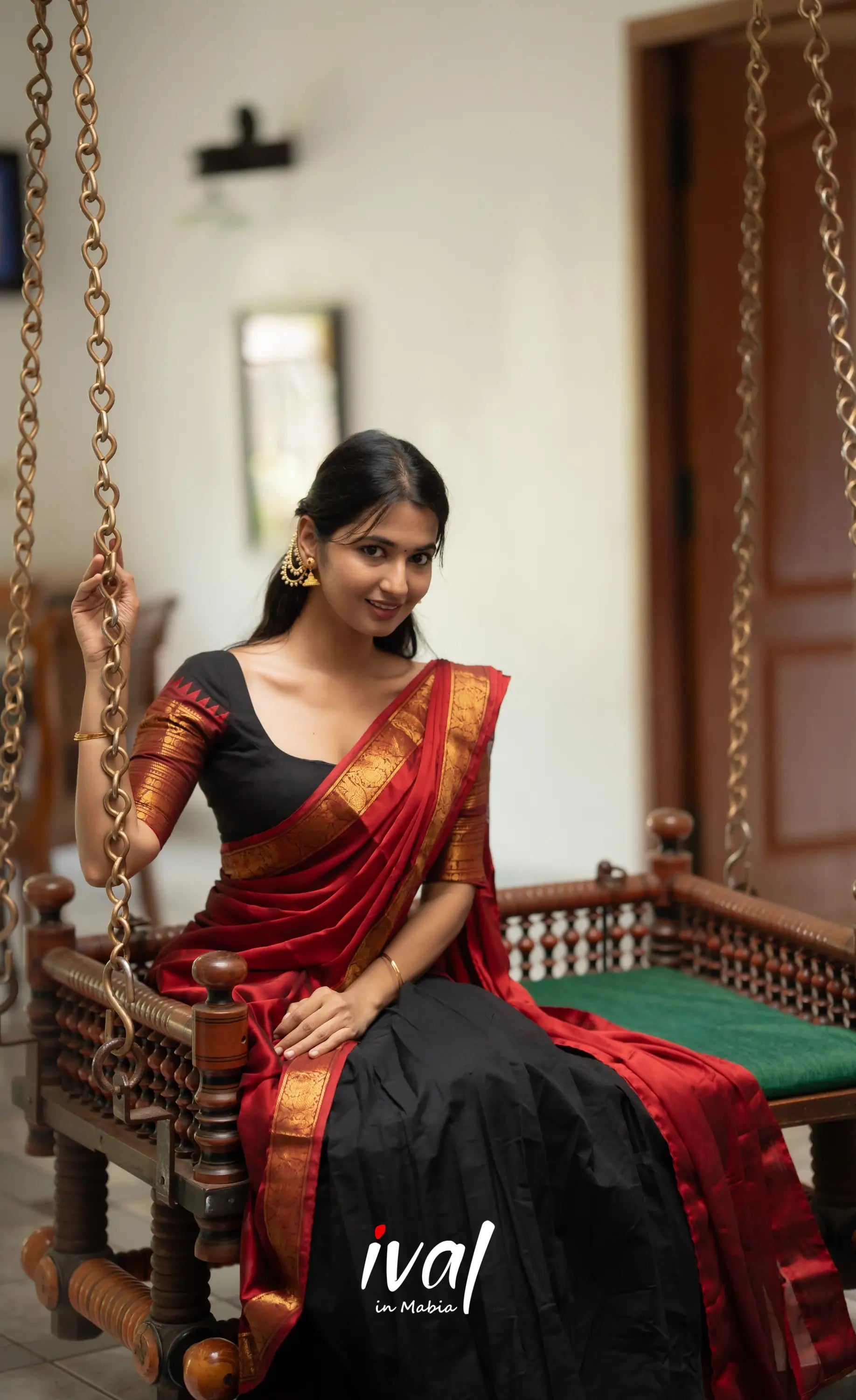 Padmaja - Red and Black Chettinad Cotton Halfsaree - Half Sarees